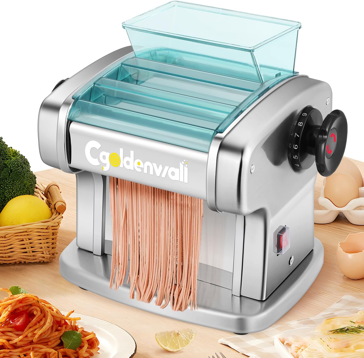 CGOLDENWALL Macchine per la pasta elettriche, Scudo in ABS, Macchina per Pasta Elettrica, Acciaio Inox per Tagliatelle Fresca Fatta in Casa