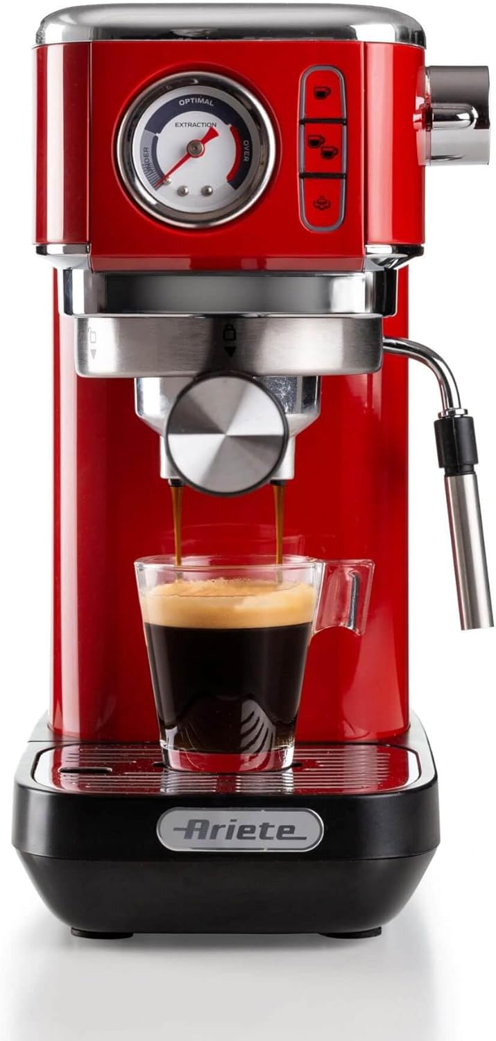 Macchina da caffè, 15 bar di pressione, Filtro 1⁄2 tazze, compatibile con caffè in polvere e cialde ESE, Dispositivo Cappuccino, Rosso, Ariete