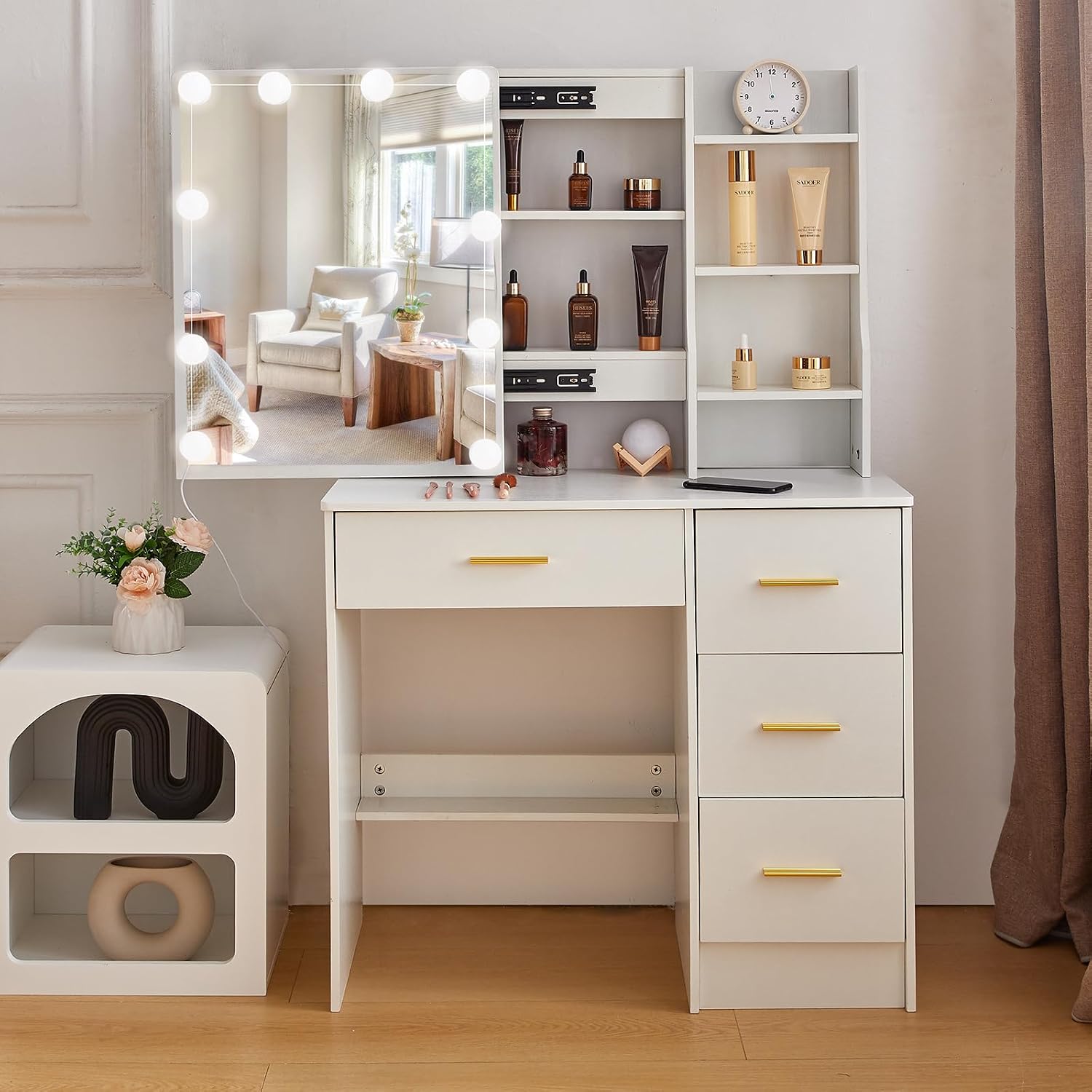 Toelette, 4 Cassetti, Tavolo da Trucco Moderno con Grande Specchio, Maniglia dorata, 3 Temperature di Colore e Luminosità Regolabile, Buildonely