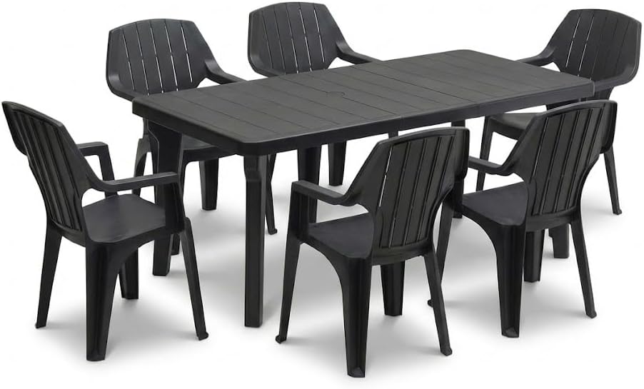 Set da pranzo, Per Esterno, Con Braccioli, Impilabile, Set Tavolo E 6 Sedie Da Giardino In Plastica - Con Prolunga Allungabile, Tomaino