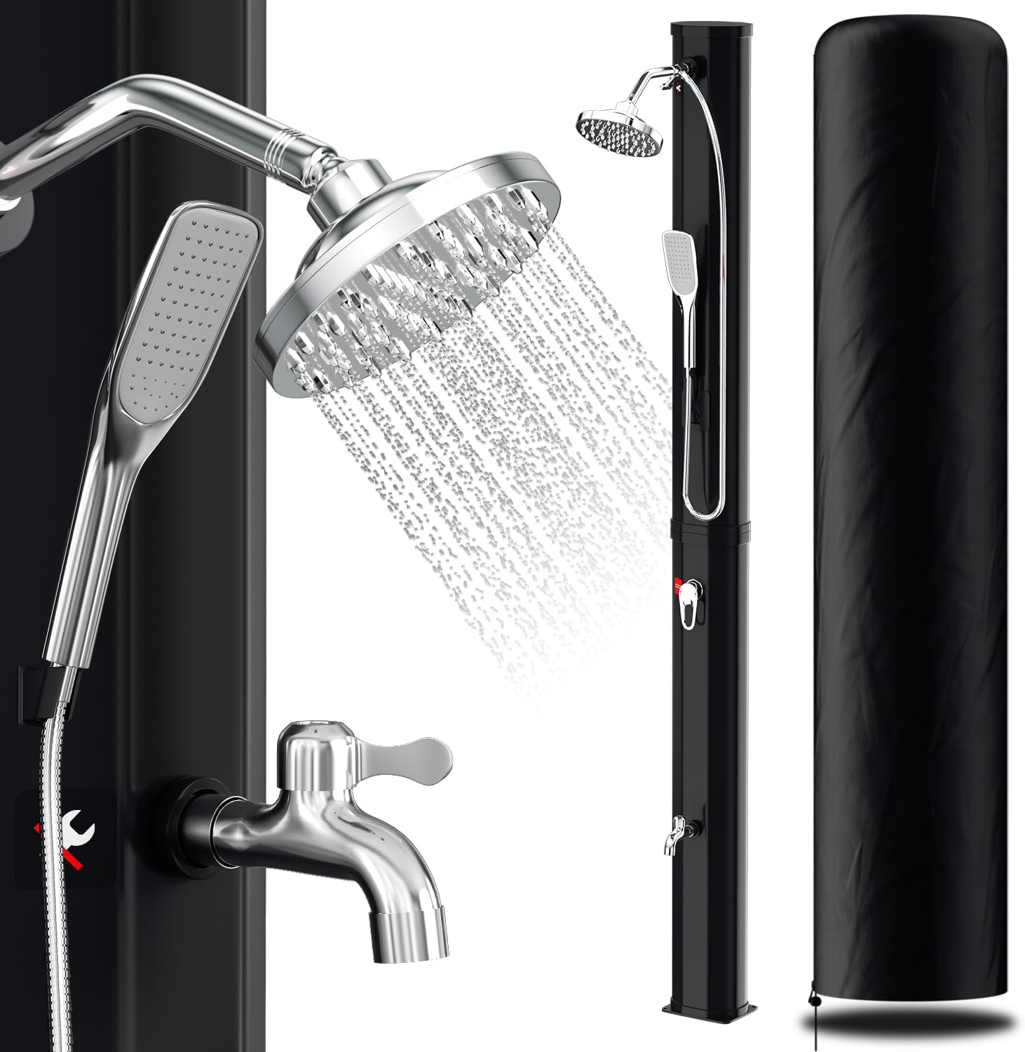 Herrselsam Docce da giardino, acqua calda fino a 60 °C, Doccia solare da giardino 35 L, per piscina, campeggio, colore nero