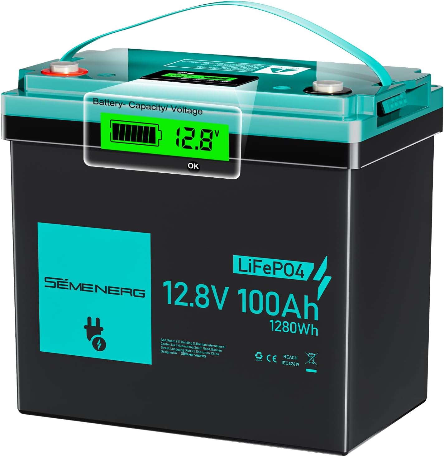 Batterie a ciclo profondo, Campeggio, Sistemi a Energia Solare, Batteria al Litio da LiFePO4 Mini 12 V 100 Ah con LED, SEMENERG 100A