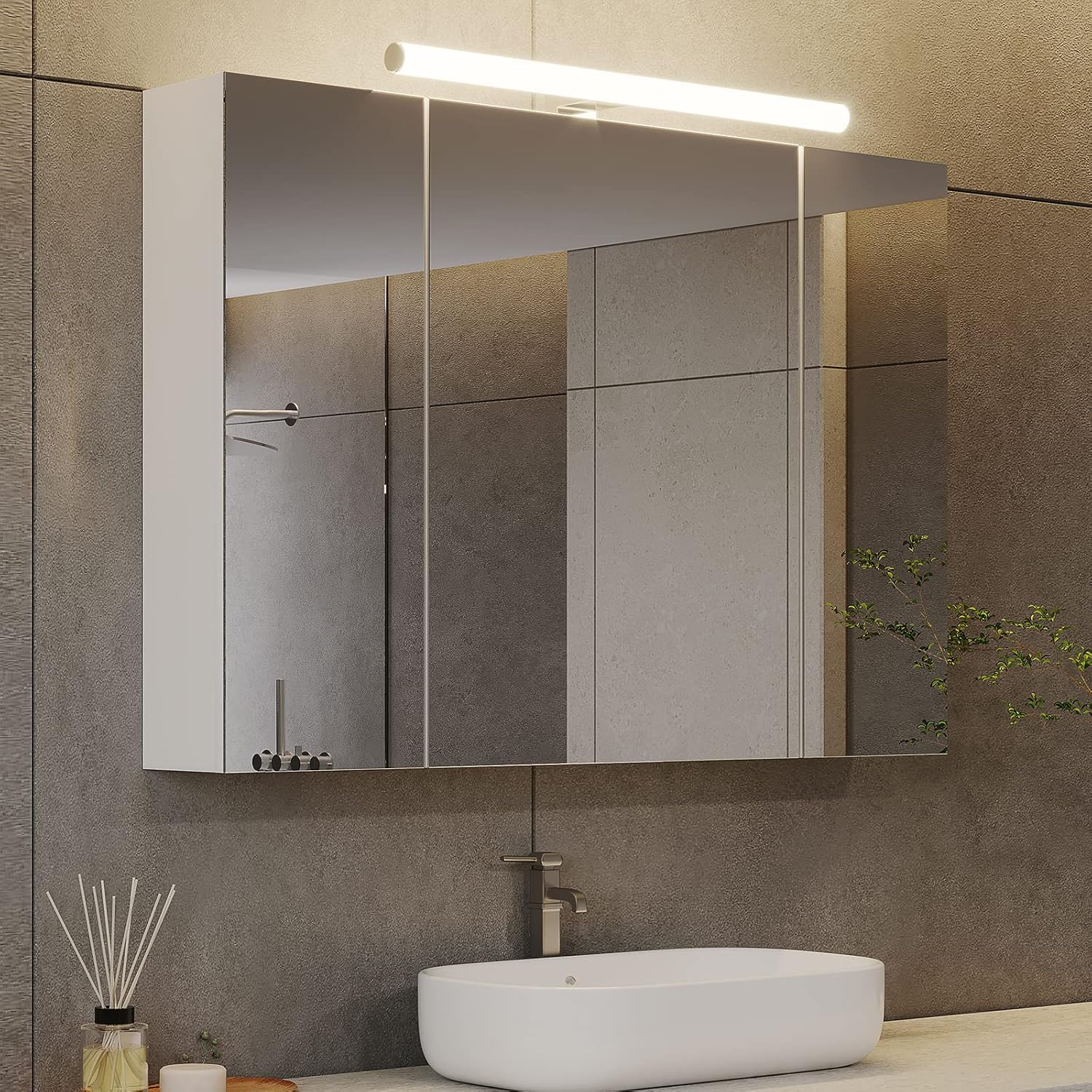 Armadio, Specchio Bagno Contenitore con illuminazione 80x16x60 cm Mobile bagno con 3 Ante Specchio e Mensola, Bianco, DICTAC