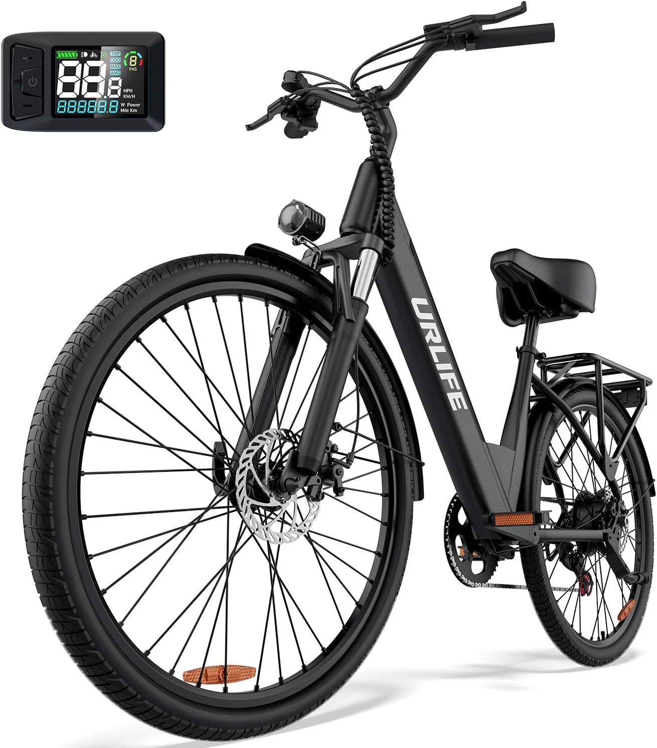 Bici elettriche, E-bike Per Pendolari Urbani, Bici Elettrica Per Adulti Da 26', 7 Velocità Batteria Rimovibile Autonomia, URLIFE