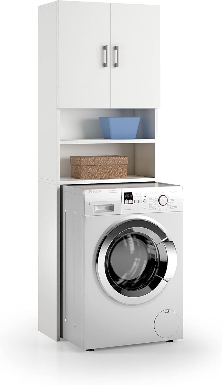 Terraneo Mobili a muro, colore bianco con ante bianche – Struttura salvaspazio 65x32x195 cm per bagno o lavanderia