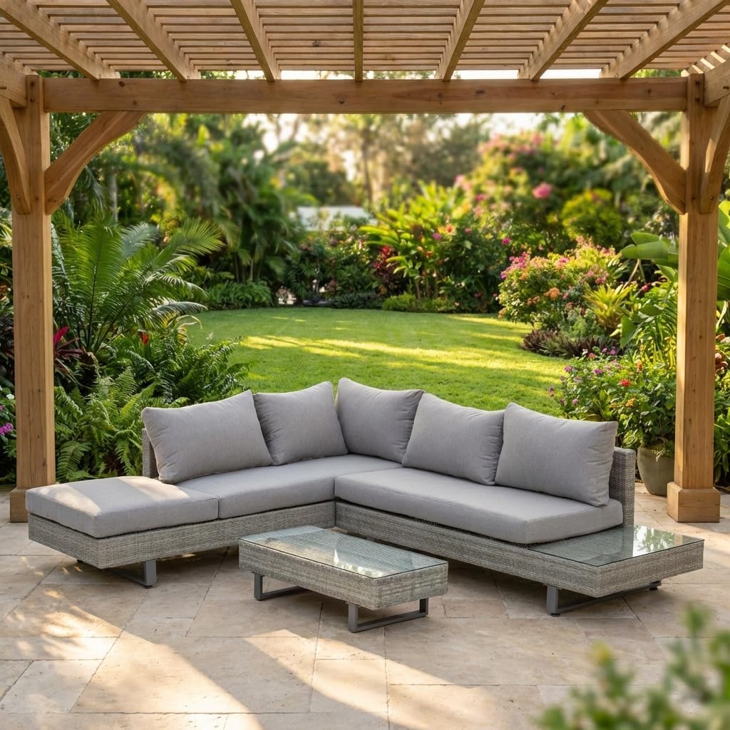 DecHome Divano, Salotto da Giardino Esterno Set Mobili Angolare e Tavolino con Cuscini in Rattan Pe Grigio
