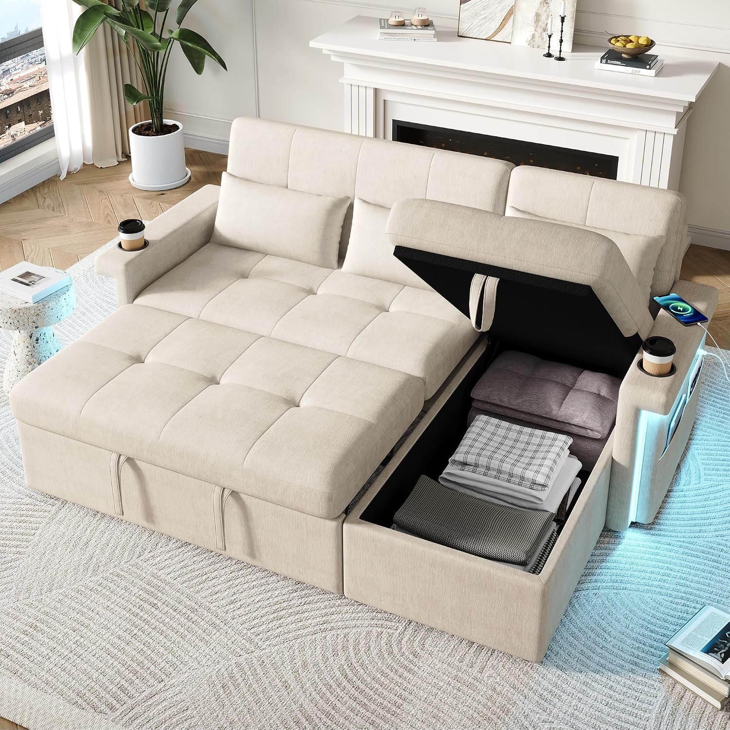 Cayipng Divano, angolare-L, letto 3 posti, 3 posti con funzione letto, 2 portabevande, 3 cuscini, divani angolari moderni convertibile con LED(app)