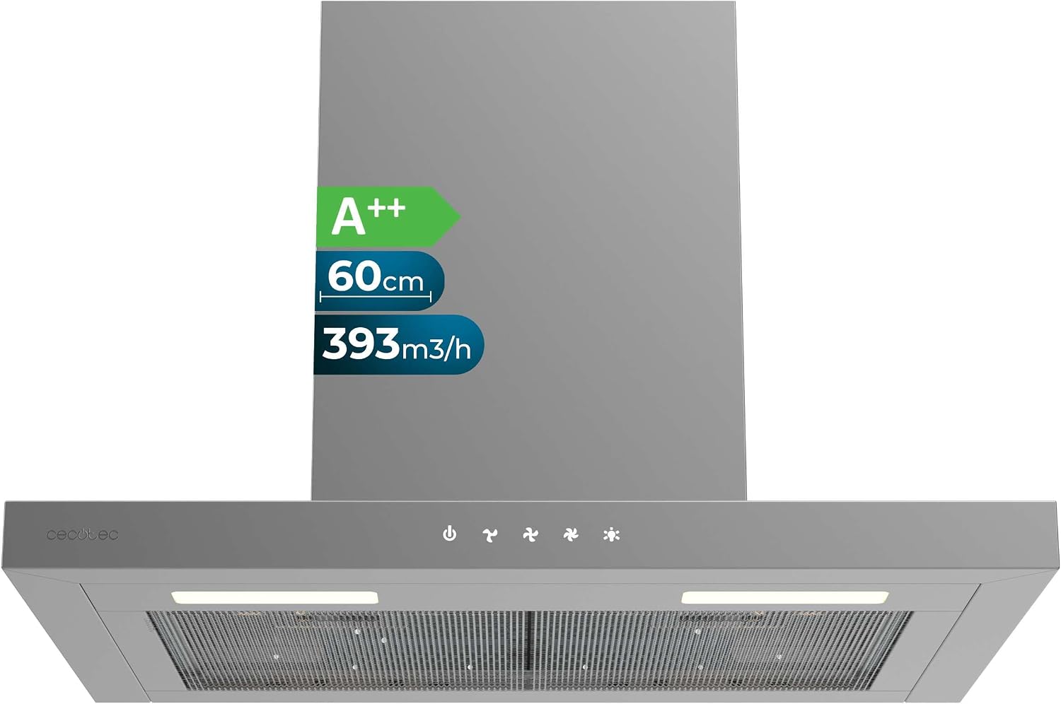 Cecotec Cappe a muro, 3 velocità, motore DC, SS Touch Control, finitura inossidabile, luce LED, filtri in alluminio e carbonio