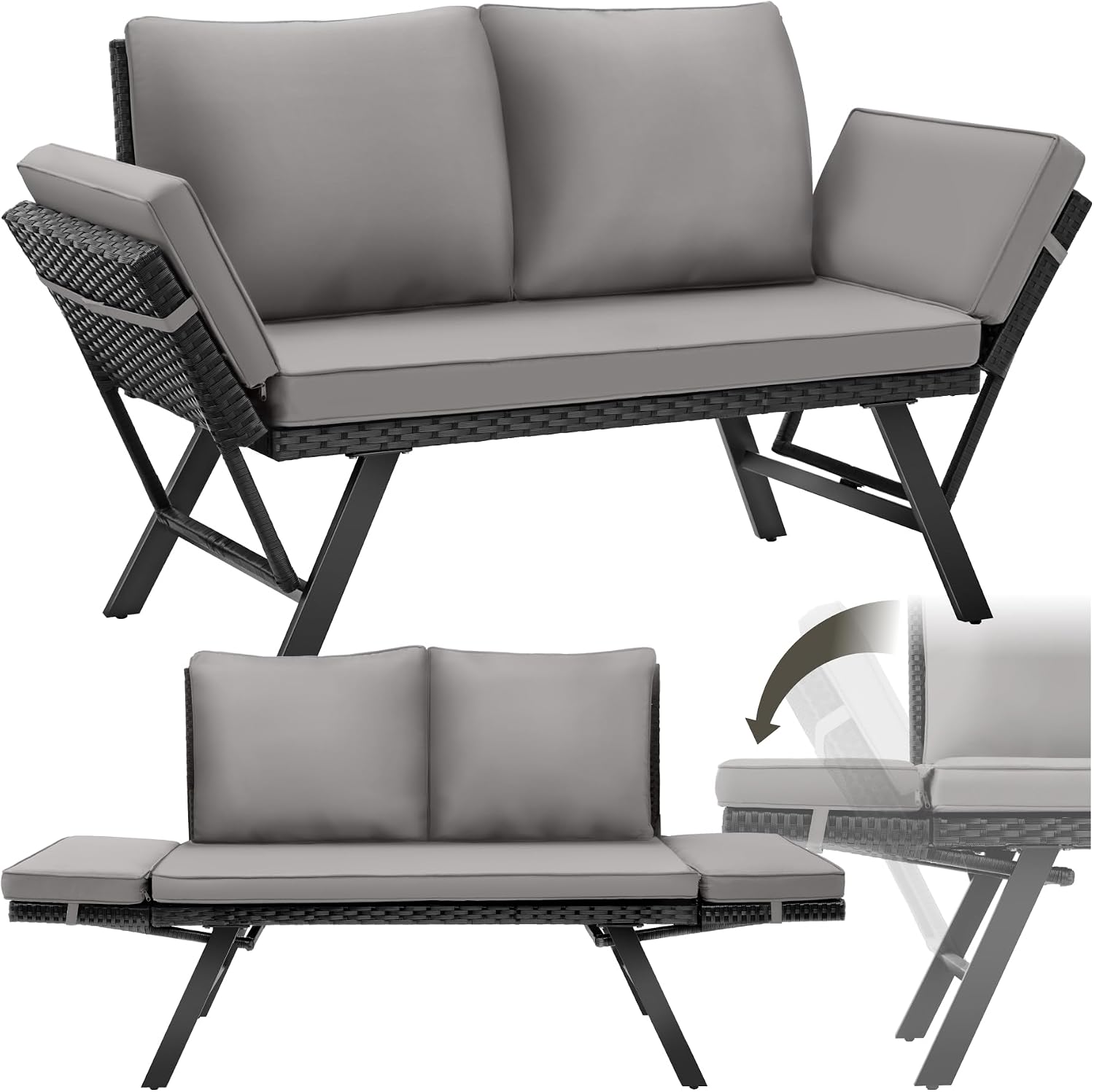 tectake Divano, ® Lounge in Rattan, Braccioli Pieghevoli, Cuscini Morbidi, 2 in 1, Arredamento Esterno e Interno - Grigio Chiaro, Nero