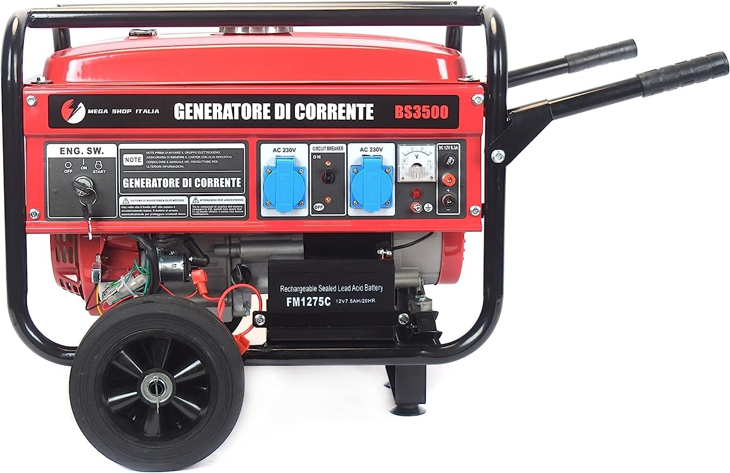 Megashopitalia 16A Generatore, di Corrente 3000 W Benzina 4 tempi con 2 prese 230 V con Avviamento Automatico a Chiave e Batteria Portatile con Ruote
