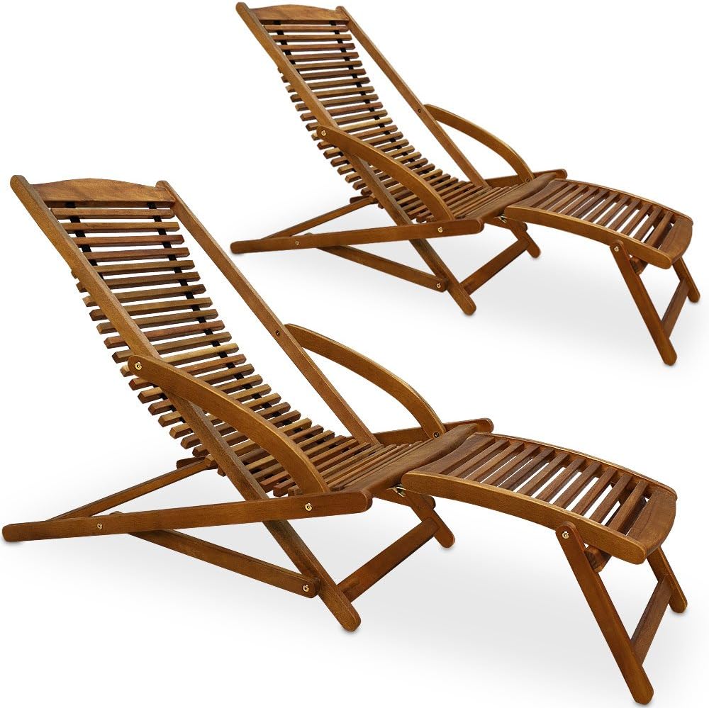 Casaria Lettino prendisole, ® 2x Ergonomico 120 kg Legno Acacia Sdraio Pieghevole incl. Poggiapiedi e Cuscino Lettini Sauna