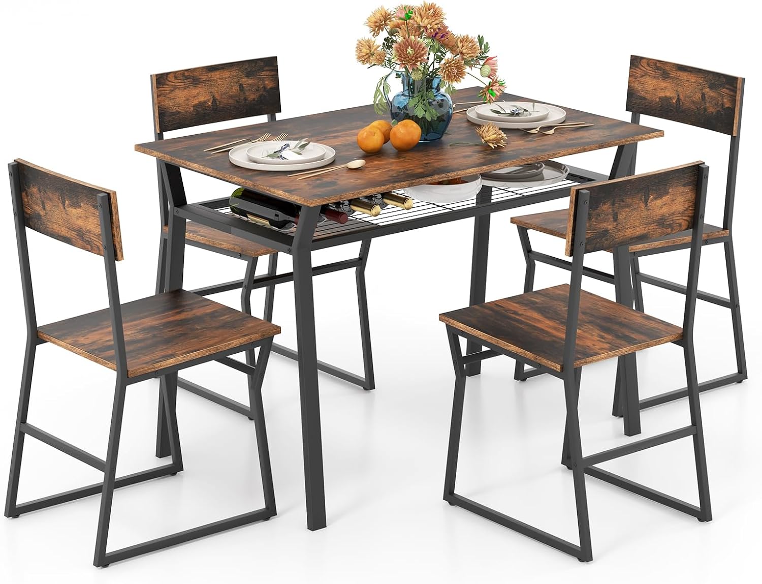 Set sala da pranzo, telaio in metallo, tavolo da pranzo, Set da pranzo con 4 sedie, set da cucina per 4 persone, set per sala da pranzo, GIANTEX