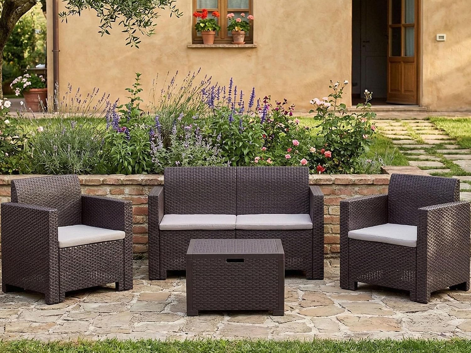 Dmora Set mobili da giardino, 100% Made in Italy, Salottino indoor e outdoor effetto rattan, Marrone, Set salotto da esterno Venere
