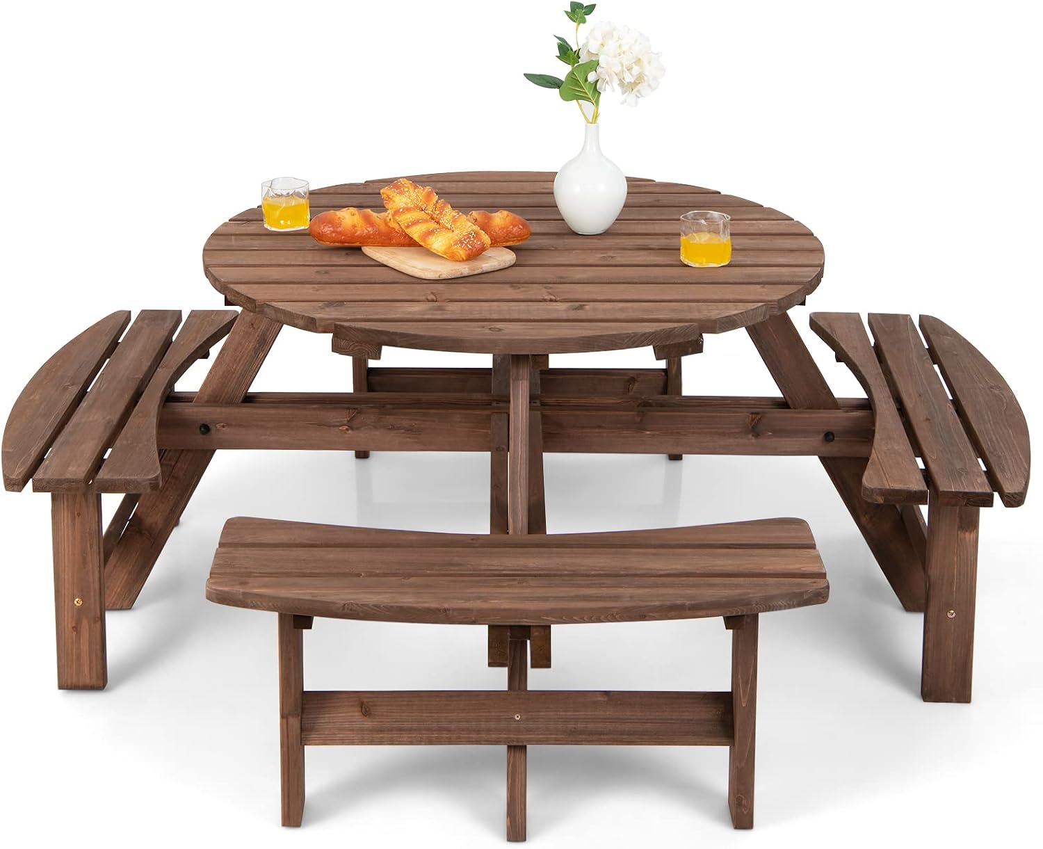 Tavoli da picnic, per 4-8 Persone, Legno Massiccio, Tavolo Rotondo da Picnic per Esterno, Ogni Panca Porta 225 kg (Marrone, COSTWAY
