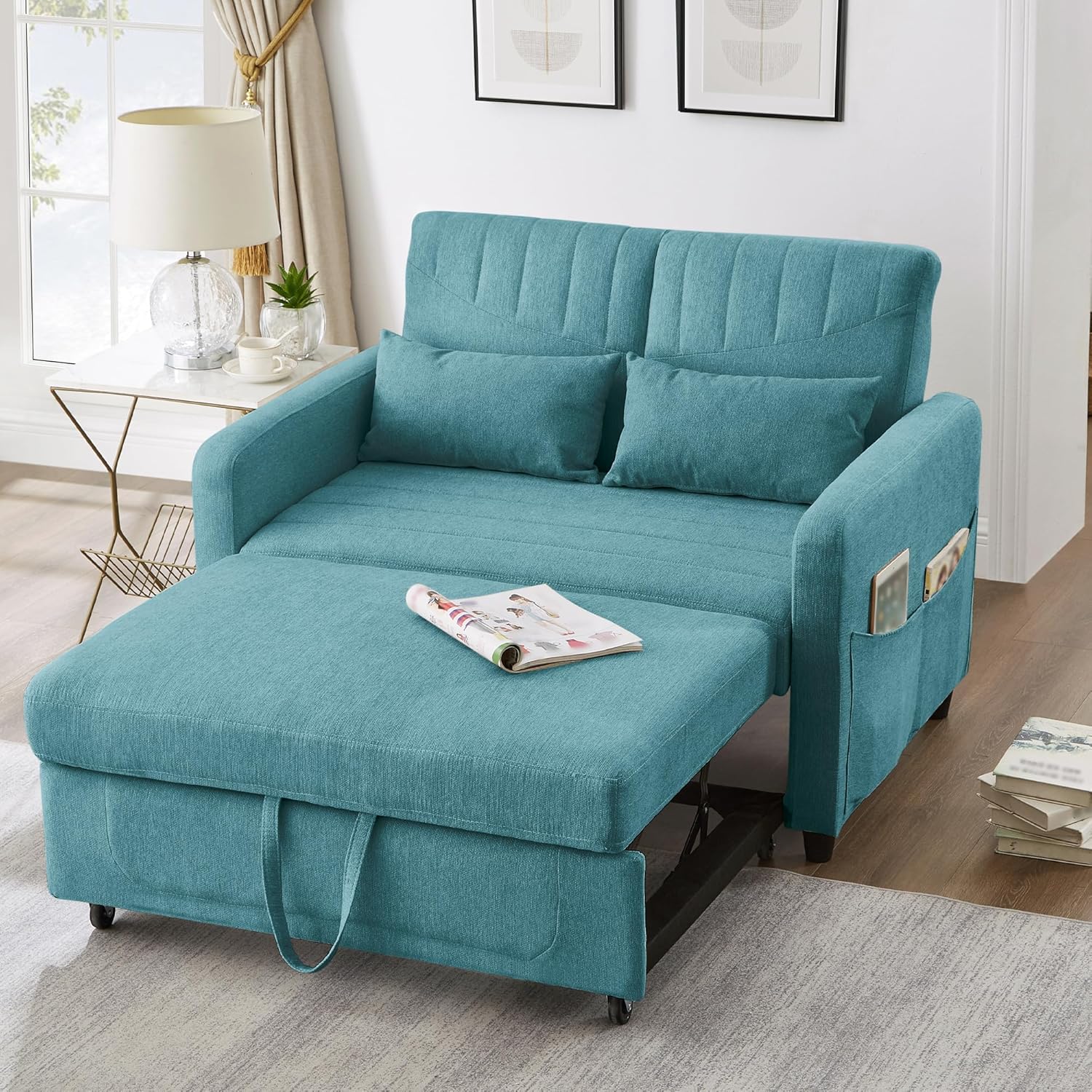 Rvjiahe Divano, letto con funzione letto pieghevole a due posti, design estensibile, tessuto traspirante in cotone e lino (Antico Blu-verde)