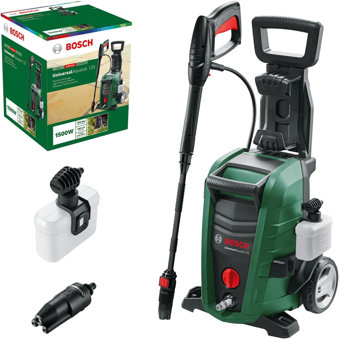 Idropulitrice, UniversalAquatak 125, 2 ugelli, tubo flessibile da 5 m, cavo da 5 m, potenza 1500 Watt, pressione: 125 bar, portata max.: 360 L, Bosch