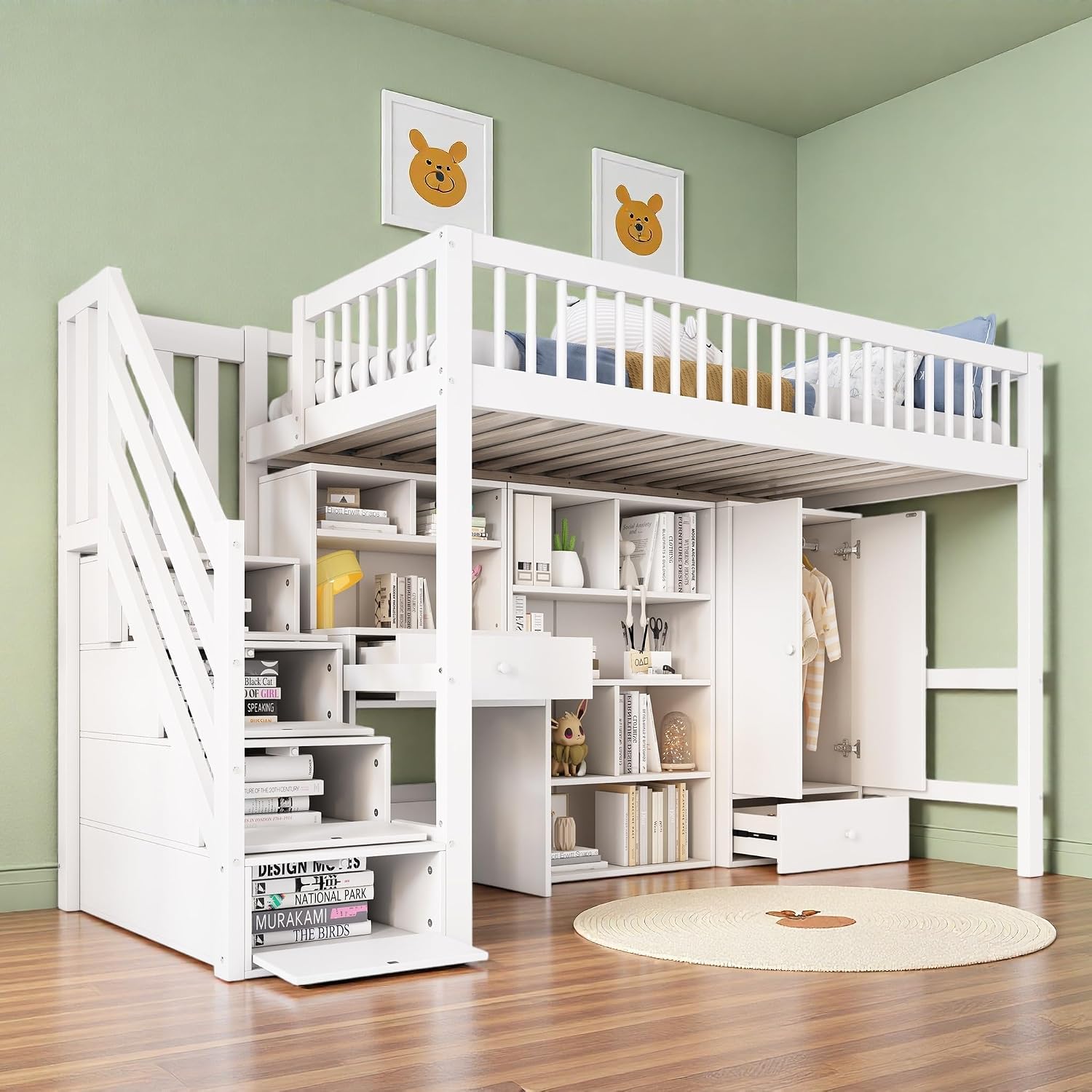Letti, bianco, legno massello + MDF, Letto a castello per bambini 90 x 200 con armadietti, letto per bambini con barriera, a castello 2 posti, Sapgaks