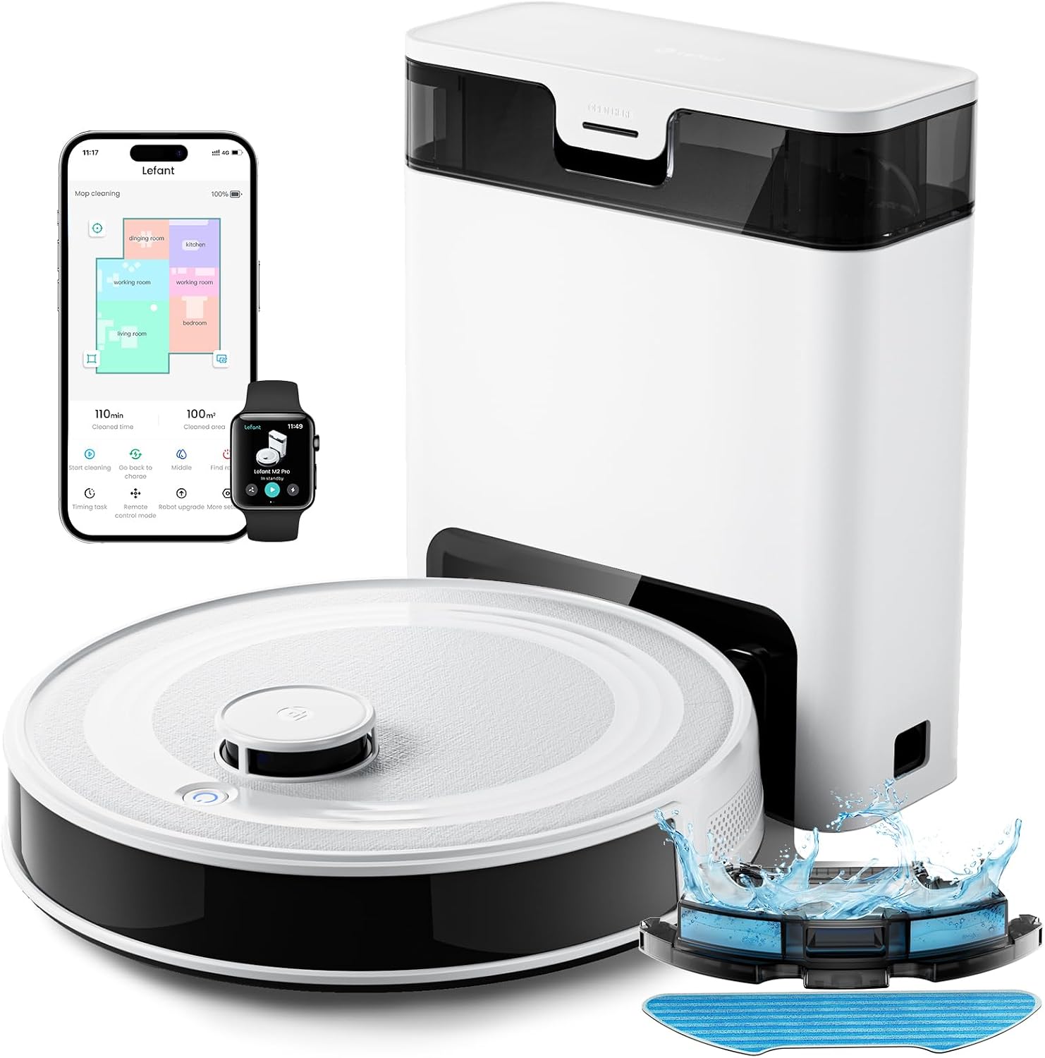 Lefant Robot aspirapolvere, Navigazione Laser, Pulizia Personalizzata, Wi-fi, Alexa, M2 Pro Lavapavimenti con Svuotamento Automatico Polvere, 6000 Pa