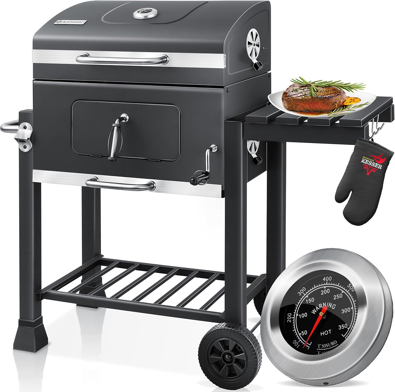 Barbecue a carbone, Manico in Acciaio Inox, Grande lla Barbecue da Campeggio, ® Barbecue con Carrello XL lla con Coperchio, Ruote, KESSER
