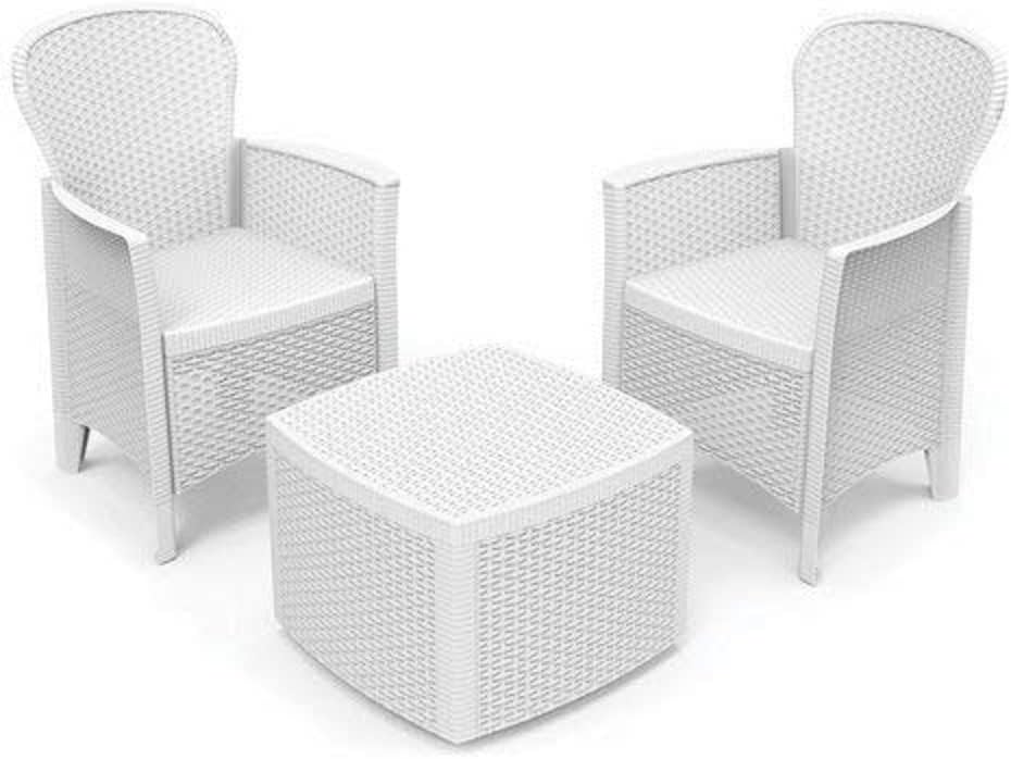 Set mobili da giardino, Bianco, Composizione da giardino con 2 poltrone ed 1 tavolino contenitore, 100% Made in Italy, Salottino effetto rattan, Dmora