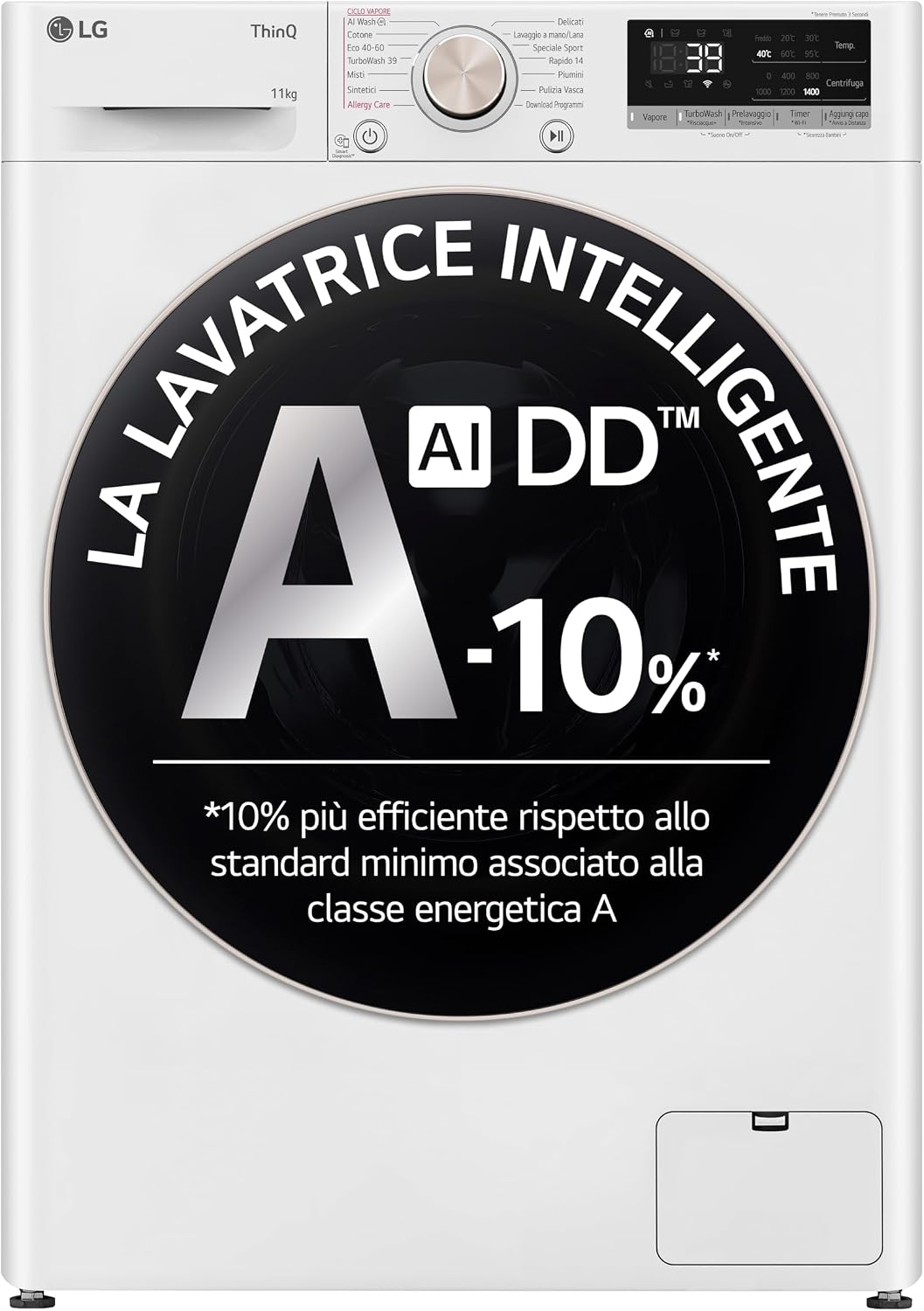Lavatrice, Bianco, AI DD 11 kg, Serie R7, Classe A -10%, 1400 giri, TurboWash 360, Vapore su 7 Programmi, a Carica Frontale, Wi-Fi, LG F4R7011TSWG