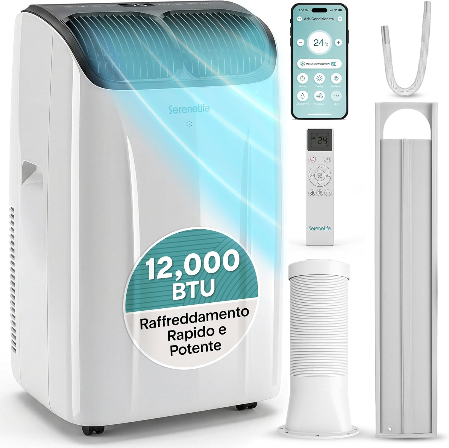 Condizionatore portatile, Climatizzatore Portatile 3 in 1 con Deumidificatore e Ventilazione, 12000 BTU, Telecomando, Casa, Ufficio, SereneLife