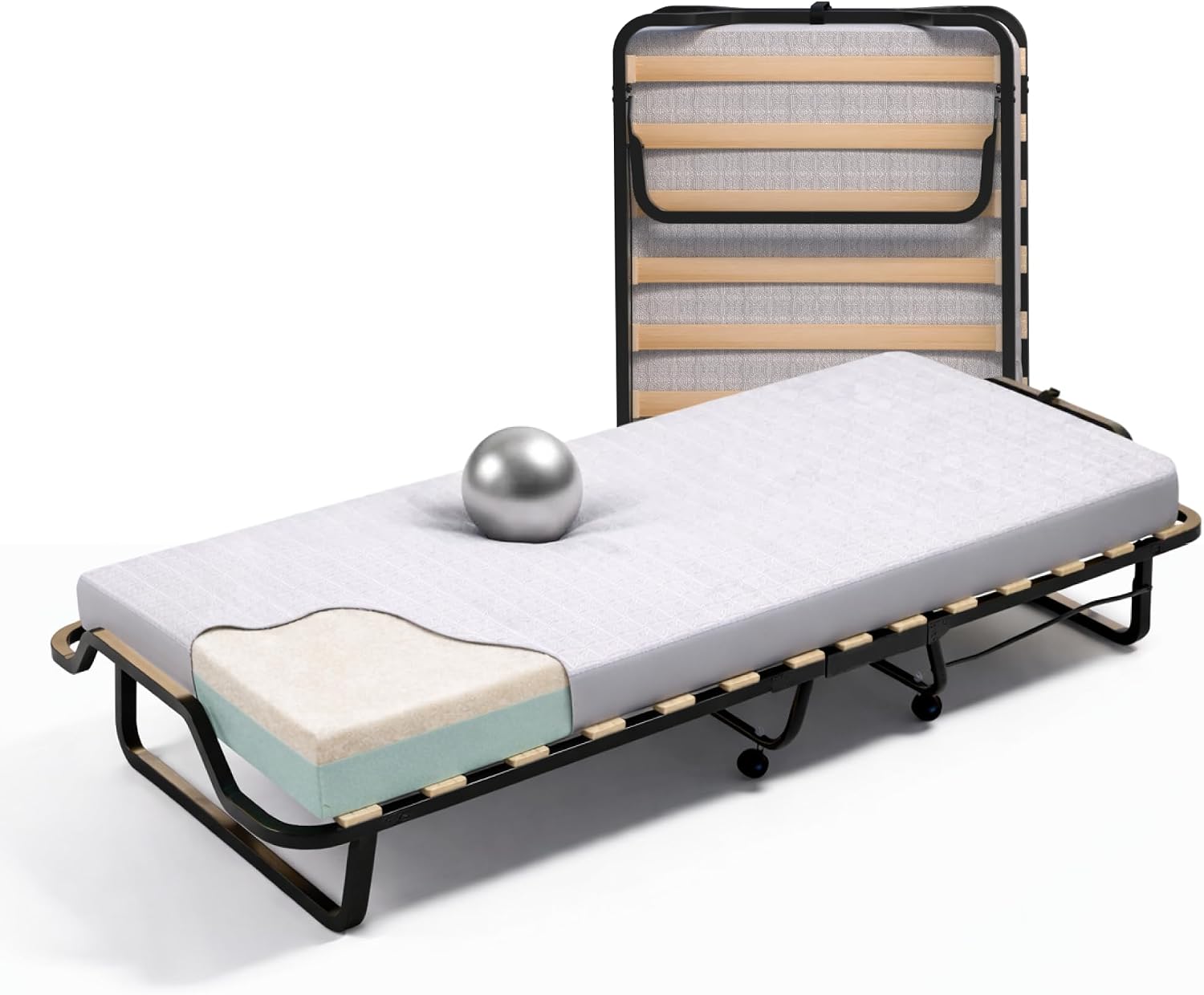 Letti, 4 ruote, Soluko Brandina Pieghevole a Doghe con Materasso Memory Foam 80x200 cm, Made in Italy, Struttura resistente, Cortassa