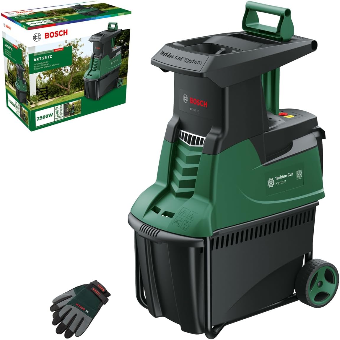 Trituratori e cippatrici, idoneo per legno e residui resistenti, Biotrituratore a turbina AXT 25 TC (2500 W, con guanti da giardinaggio inclusi, Bosch