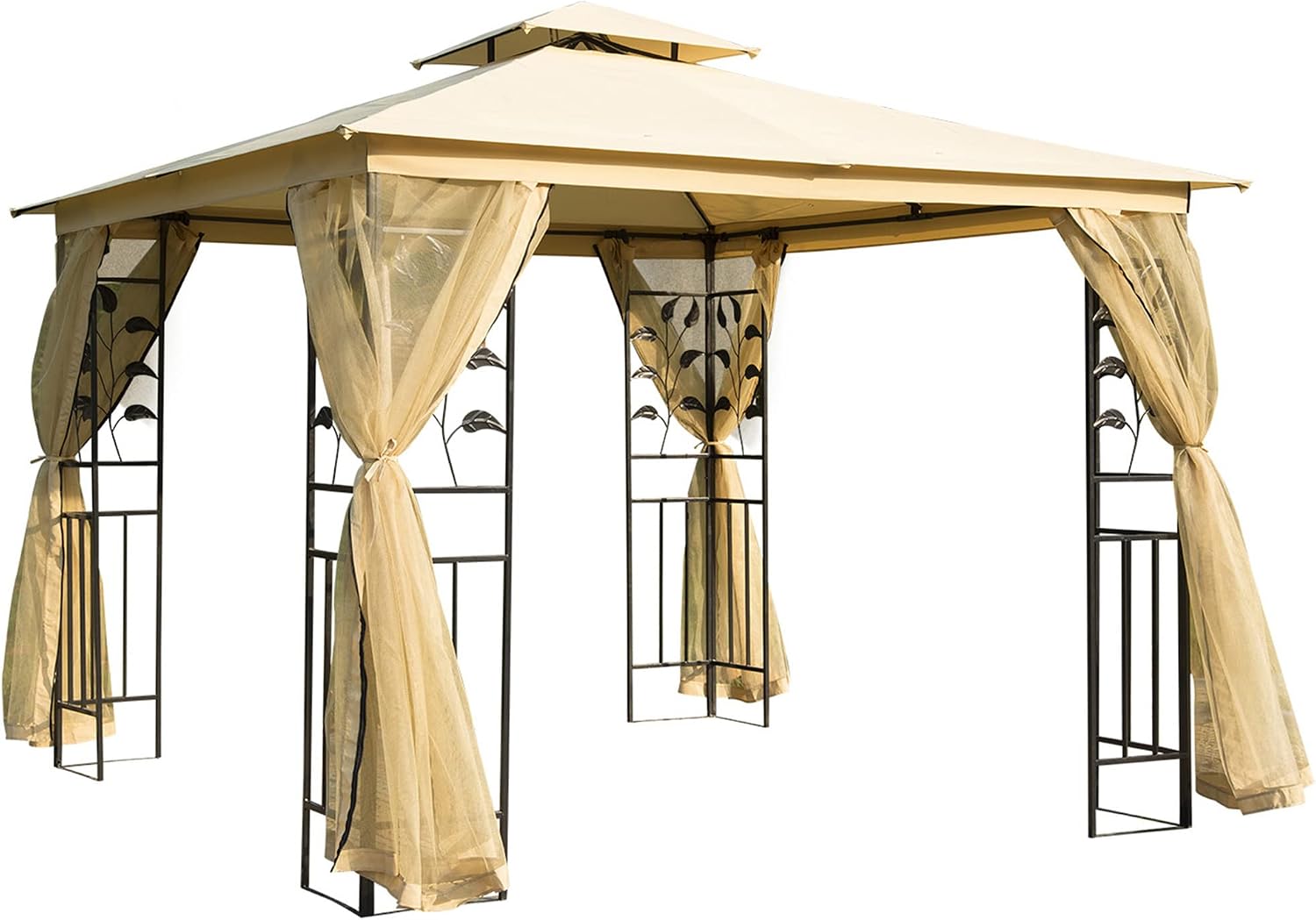 Outsunny Gazebo, Beige, Telaio in Acciaio e Doppio Tettuccio