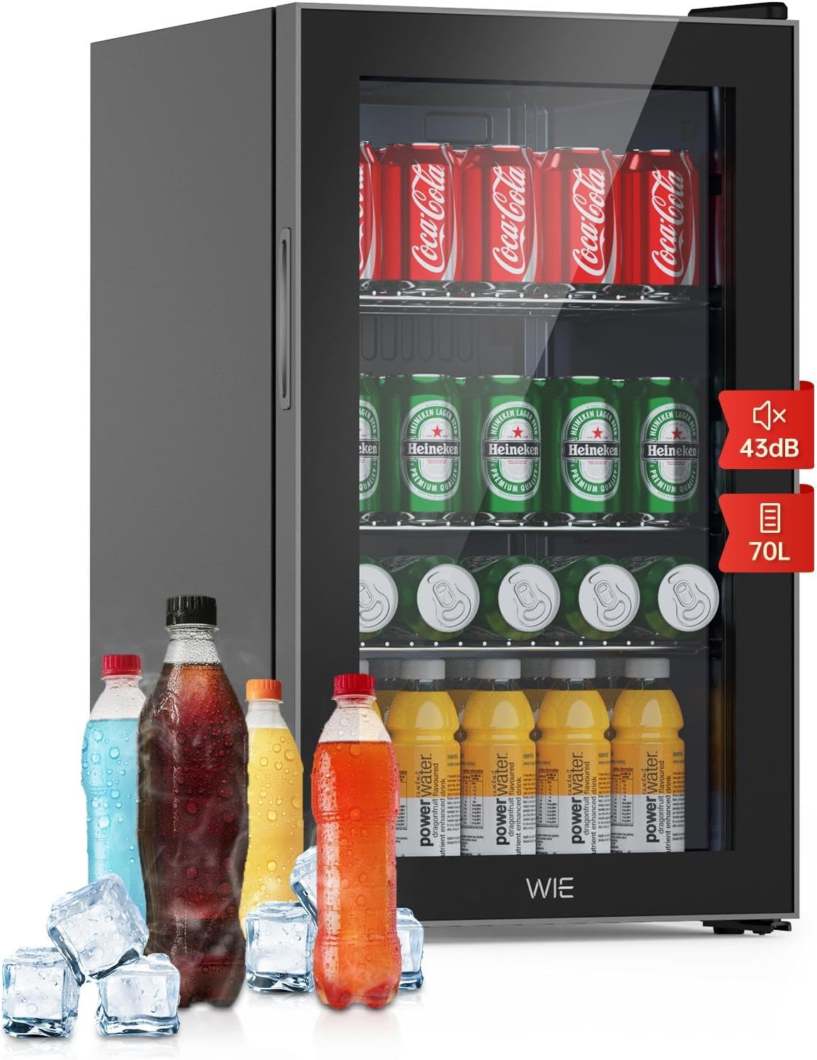 WIE Cantine indipendenti, Frigorifero Piccolo 70 L, Mini Frigo, Frigo Vetrina con Porta in Vetro, Porta Reversibile, Ripiani Rimovibili, Bar, Hotel