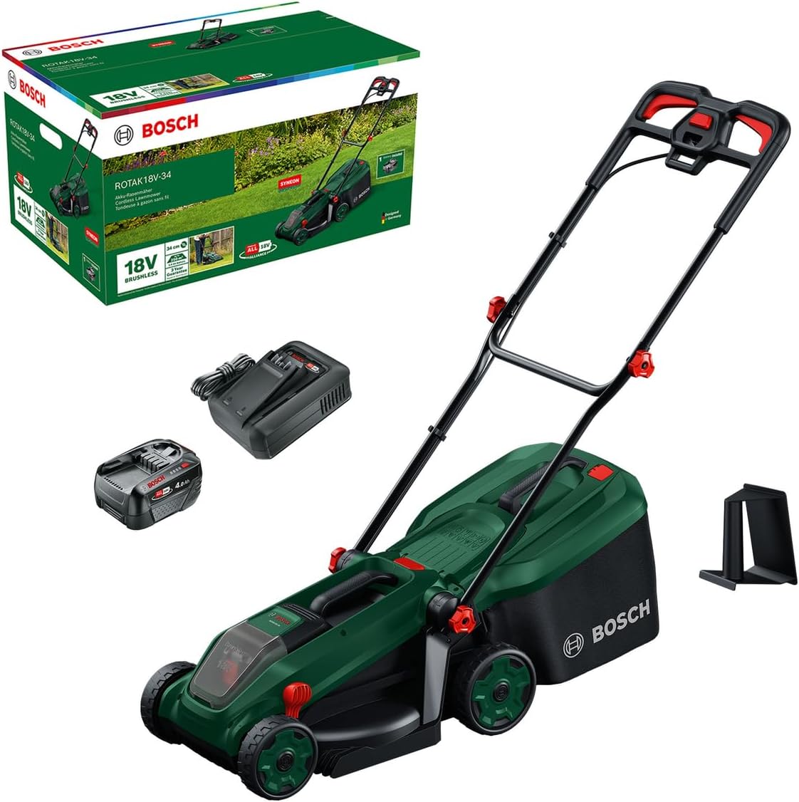 Bosch ROTAK18V-34 Tosaerba, tappo per pacciame, Rasaerba a batteria ROTAK18 V-34 (larghezza di taglio: 34 cm, inclusi batteria e caricabatteria)