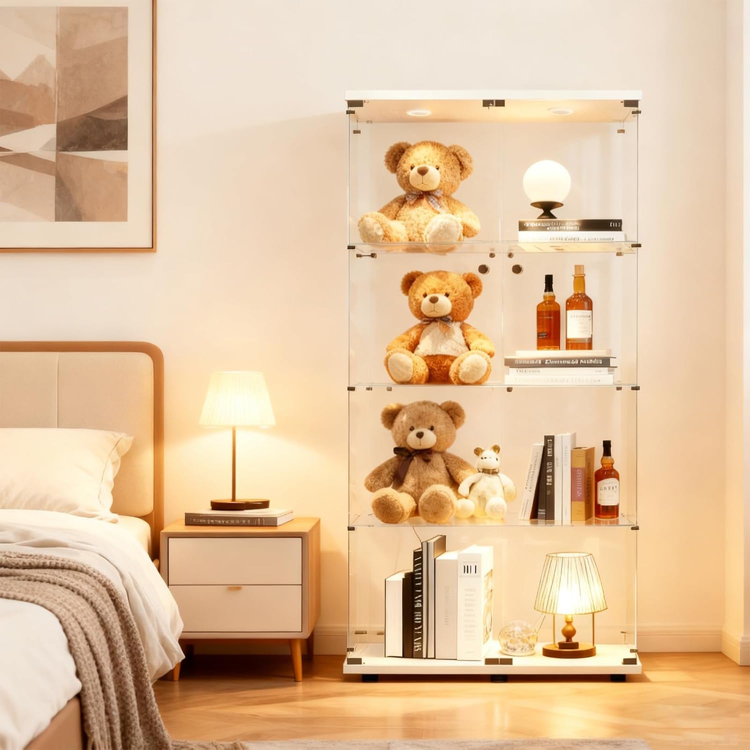 Vetrinette, 2 Ante, 4 Ripiani, Vetrinetta Espositiva, Vetrina Espositiva con LED, Vetrina Soggiorno, PLLBIKK