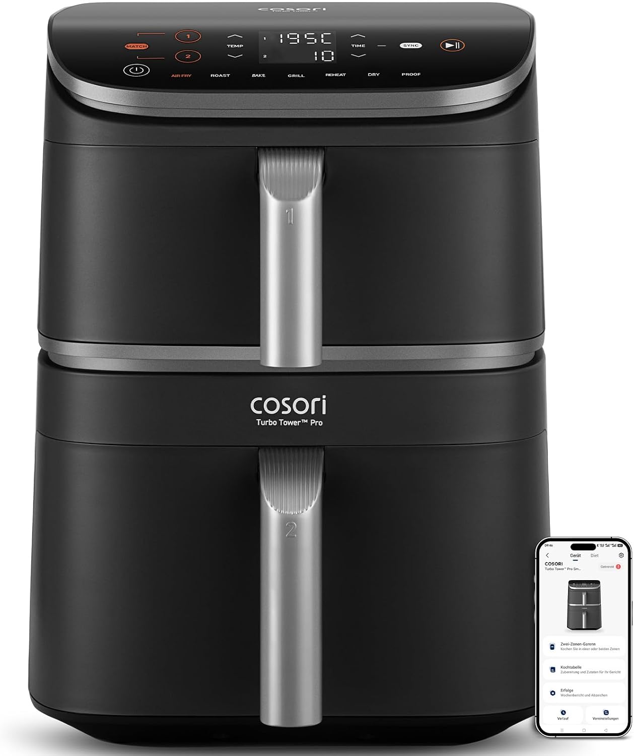 Cosori DC113S Friggitrice ad aria, Turbo Tower Pro Smart 10,8 L Doppio Cestello, 7 Funzioni, Rivestimento Ceramico No PFAS