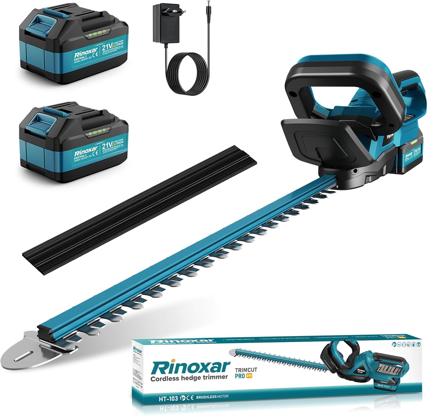 RINOXAR 28500RPM Tagliasiepi, min, Elettrico Motore Brushless 600 W 28500 giri, Lama 52 cm, a Batteria con 2x 4000 mAh Batterie