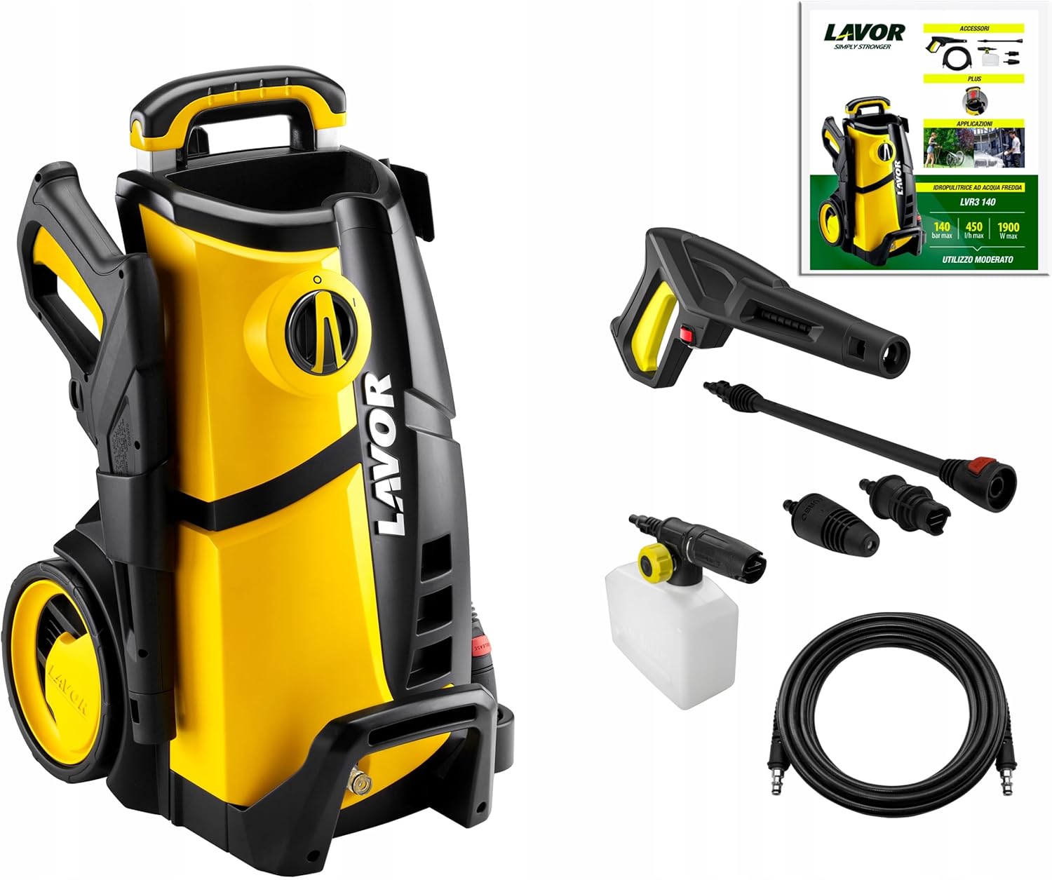 Lavor LVR3 Idropulitrice, 140 con Sistema Schiumogeno Regolabile, Pressione massima 140 bar, Portata massima 450 litri ora, Motore 1900 Watt