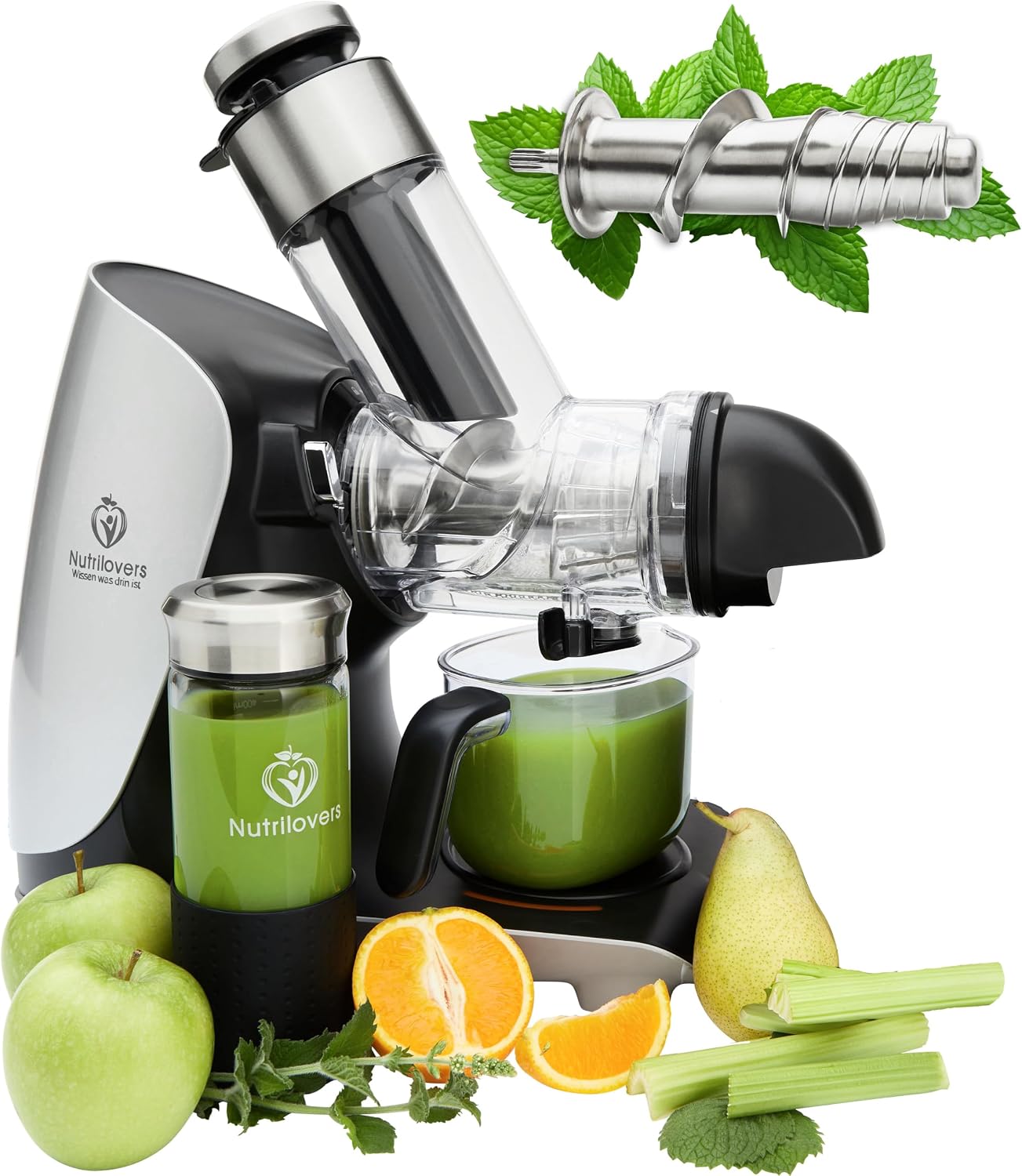Nutrilovers Centrifughe ed estrattori di succo, Vincitore del Test 2023, Sedano, Verdure e Frutta, Estrattore di Succo Versatile, Per Frutta Intera