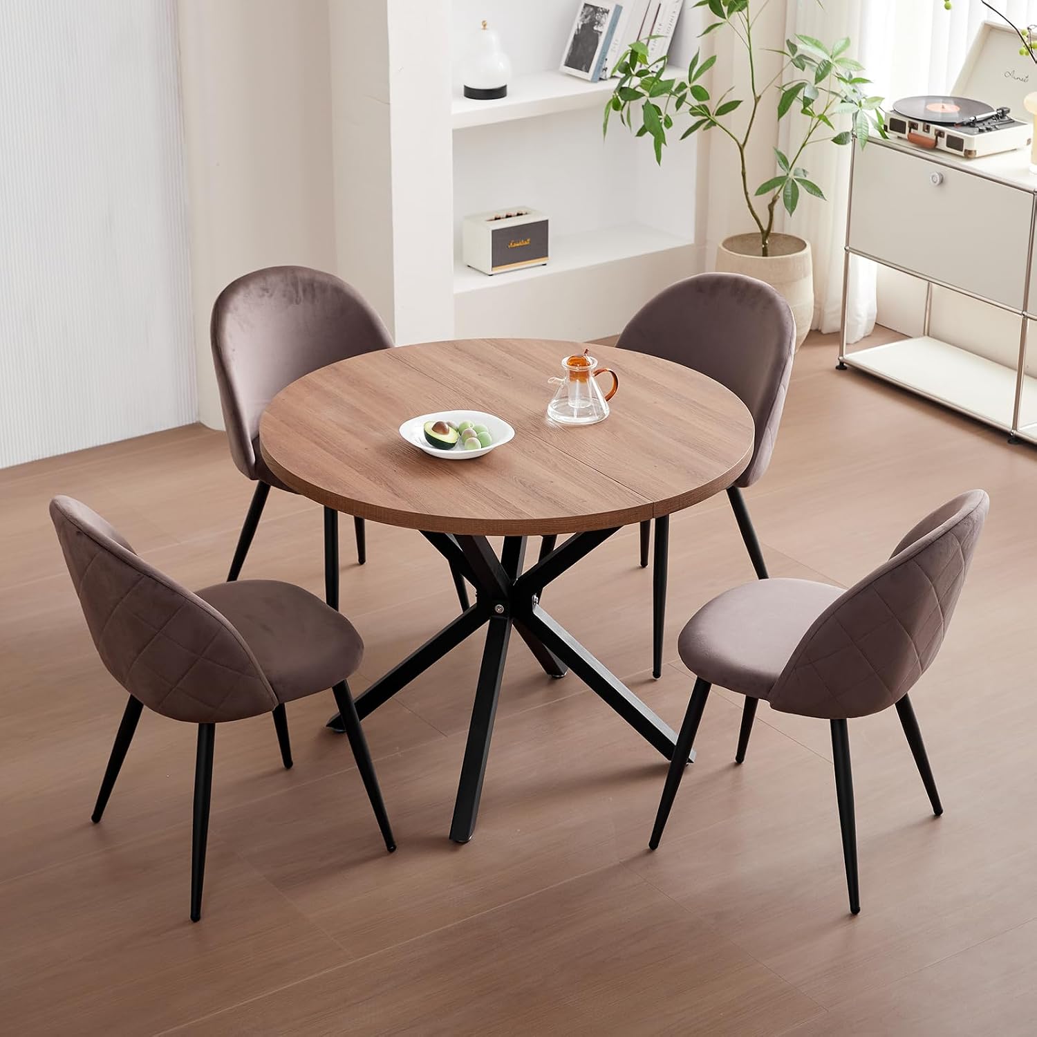 GrandCA HOME Set sala da pranzo, Adatto a Soggiorno, Sala da Pranzo e Cucina (Venature in Legno Scuro + Marrone), Set Tavolo e Sedie da Pranzo