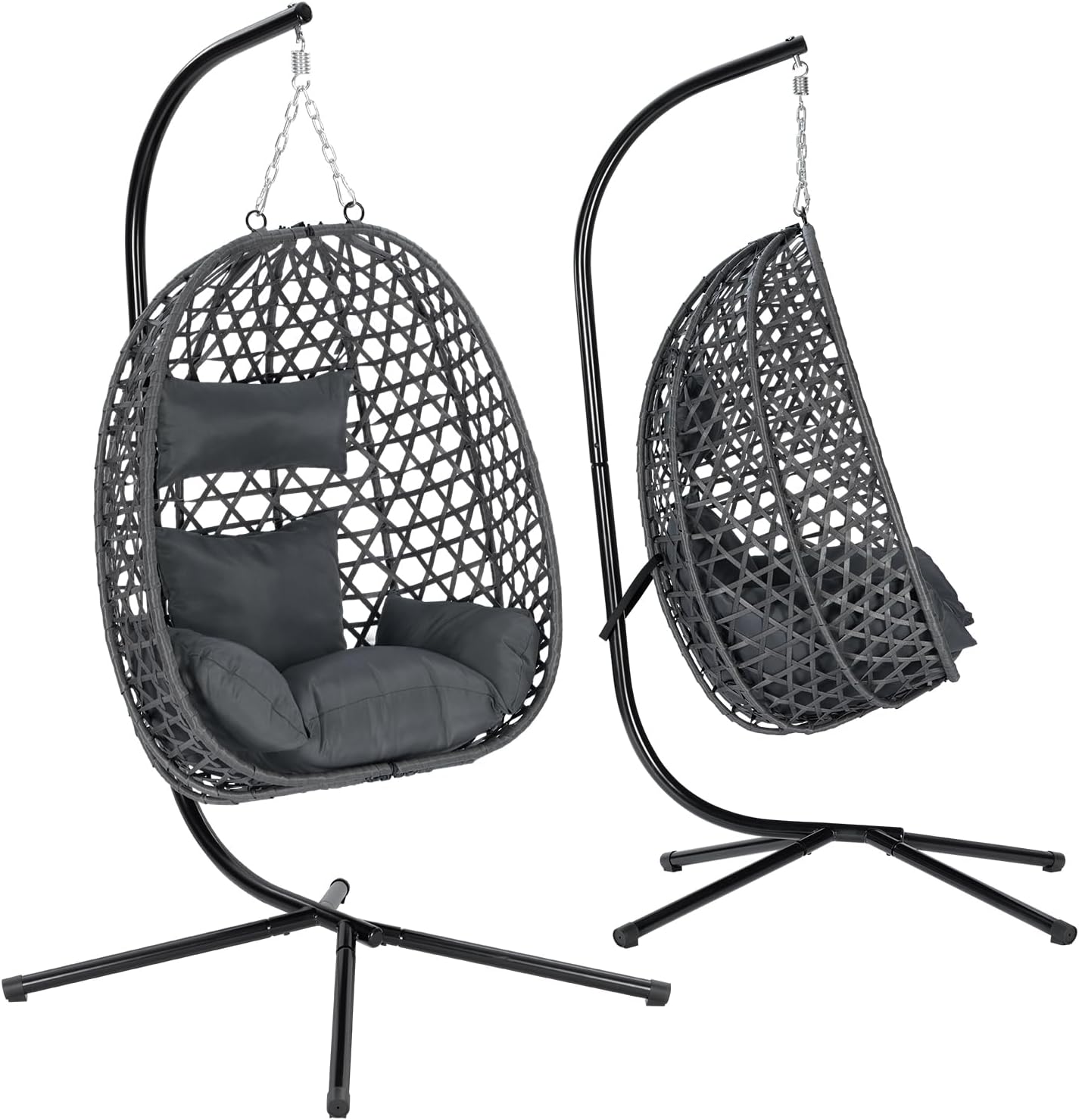 Sedia sospesa, per Giardino, Terrazza, Poltrona Sospesa a Uovo, con Supporto in Metallo, Cuscino e Poggiatesta, Altezza Regolabile, Grigio, WOLTU