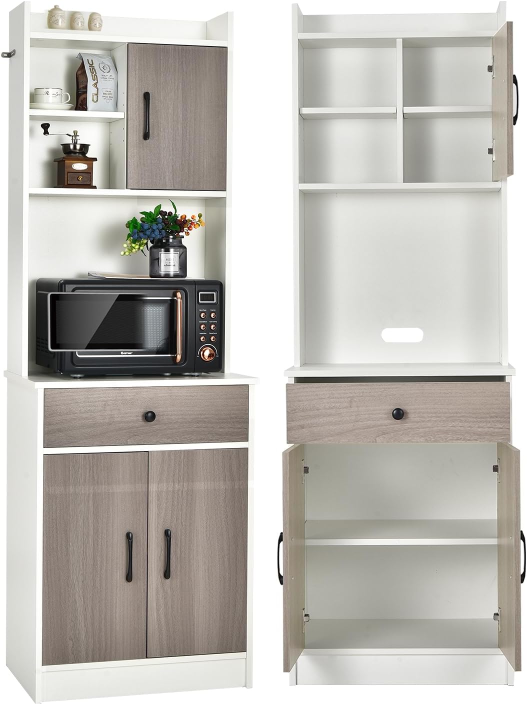 KOMFOTTEU Credenza, Bagno, 3 Ante e Cassetto, Alta da Cucina 180 cm, Mobile Cucina Dispensa con Fori Cavi, per Soggiorno, 60 x 40 x 180 cm (Bianco)