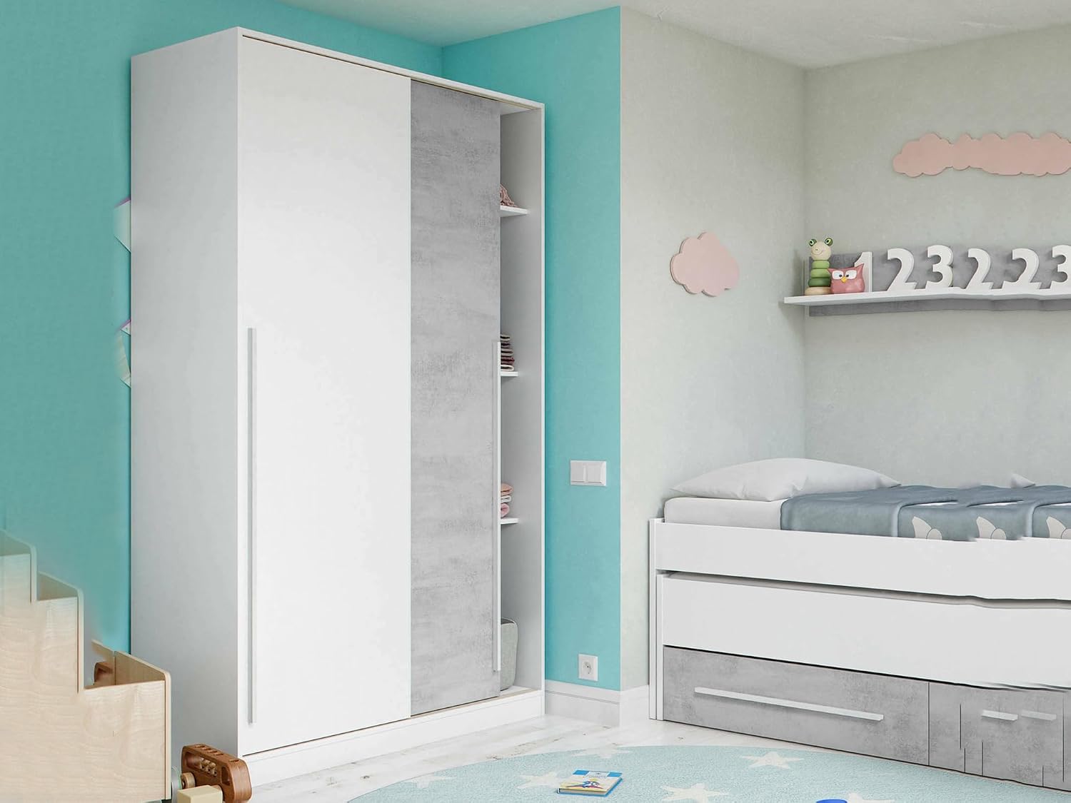 Armadio, per Camera da Letto, Guardaroba 2 Ante Downey, Mobile con Barra Appendiabiti e 3 Ripiani, Cemento e Bianco, Dmora