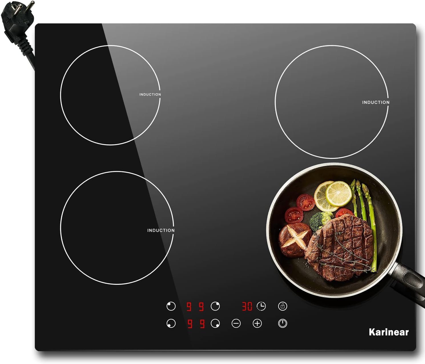Karinear Piano cottura, Induzione 4 Fuochi, 60 cm Piastra Induzione Elettrico 4 Piastre, Piani Cottura con Spina 3500 W, 9 Power Comandi Toccare
