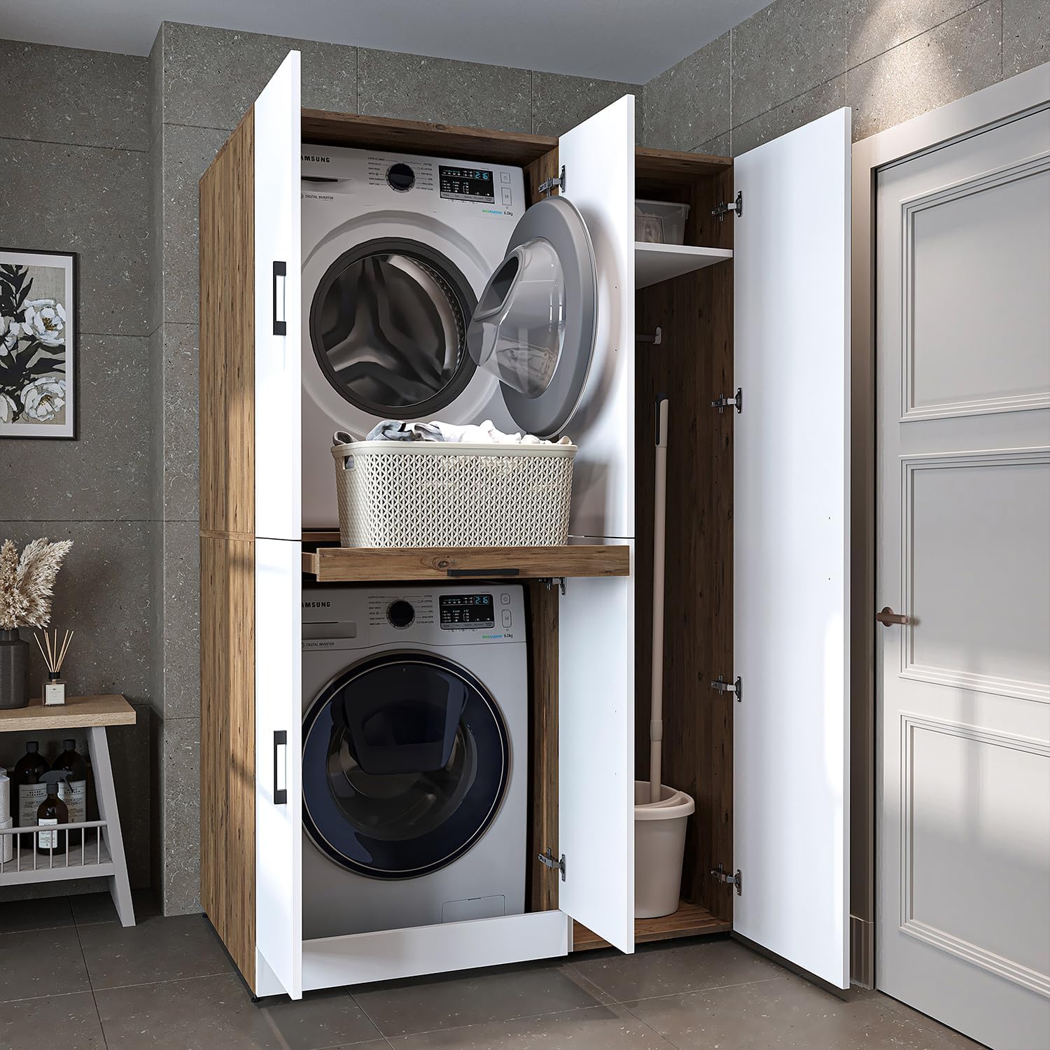 Lavatrice, in rovere bianco, Armadietto per e asciugatrice Dora in 4 colori, altezza 230 cm, con ante e pannello scorrevole, rovere antracite, ROOMART