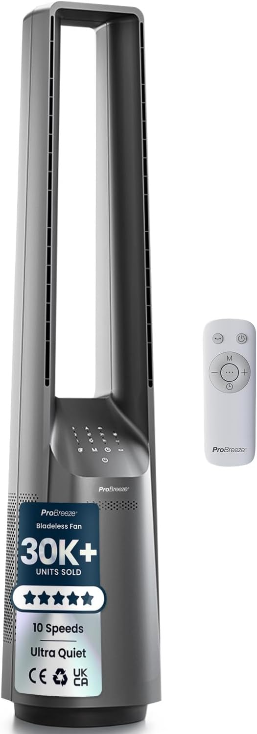 Pro Breeze Ventilatori a torre, oscillazione a 60° Argento, Ventilatore a torre senza pale - Ventilatore a colonna silenzioso