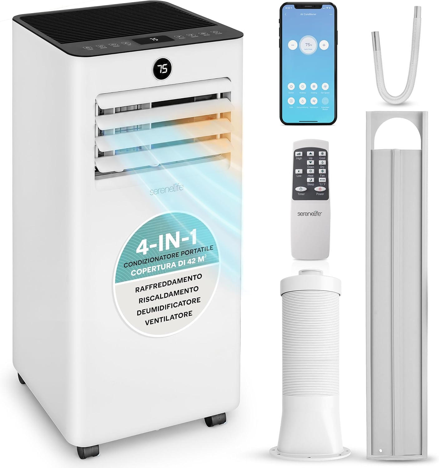 SereneLife Condizionatore portatile, Raffreddamento, Riscaldamento, 7000 BTU, Climatizzatore Portatile 4-in-1 con WiFi, Pinguino Condizionatore 28 m2