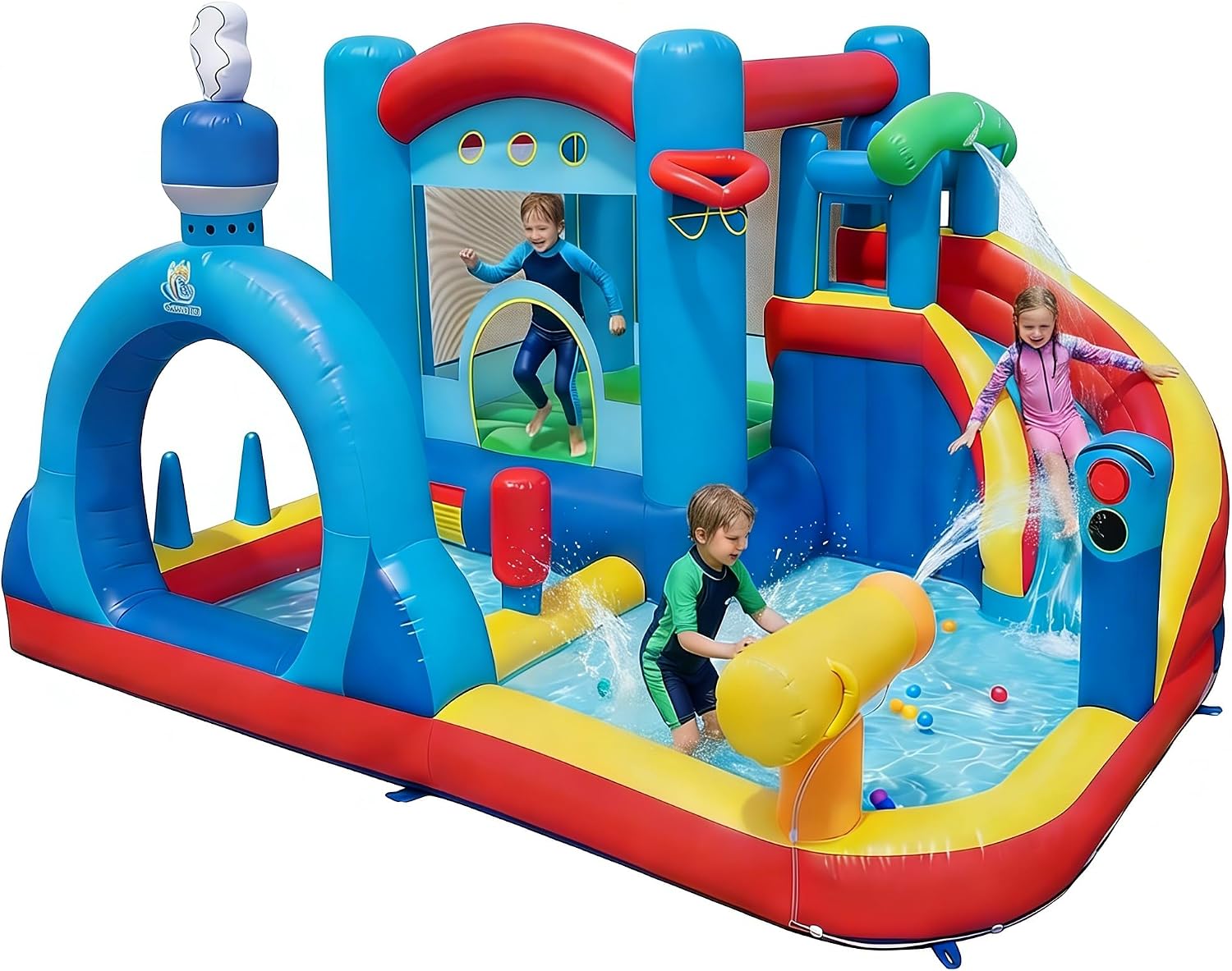 Giochi e castelli gonfiabili, Canestro Basket, Parco Giochi Gonfiabile con Scivolo e Piscina, Cannone ad Acqua, Sacco da Boxe, GIANTEX