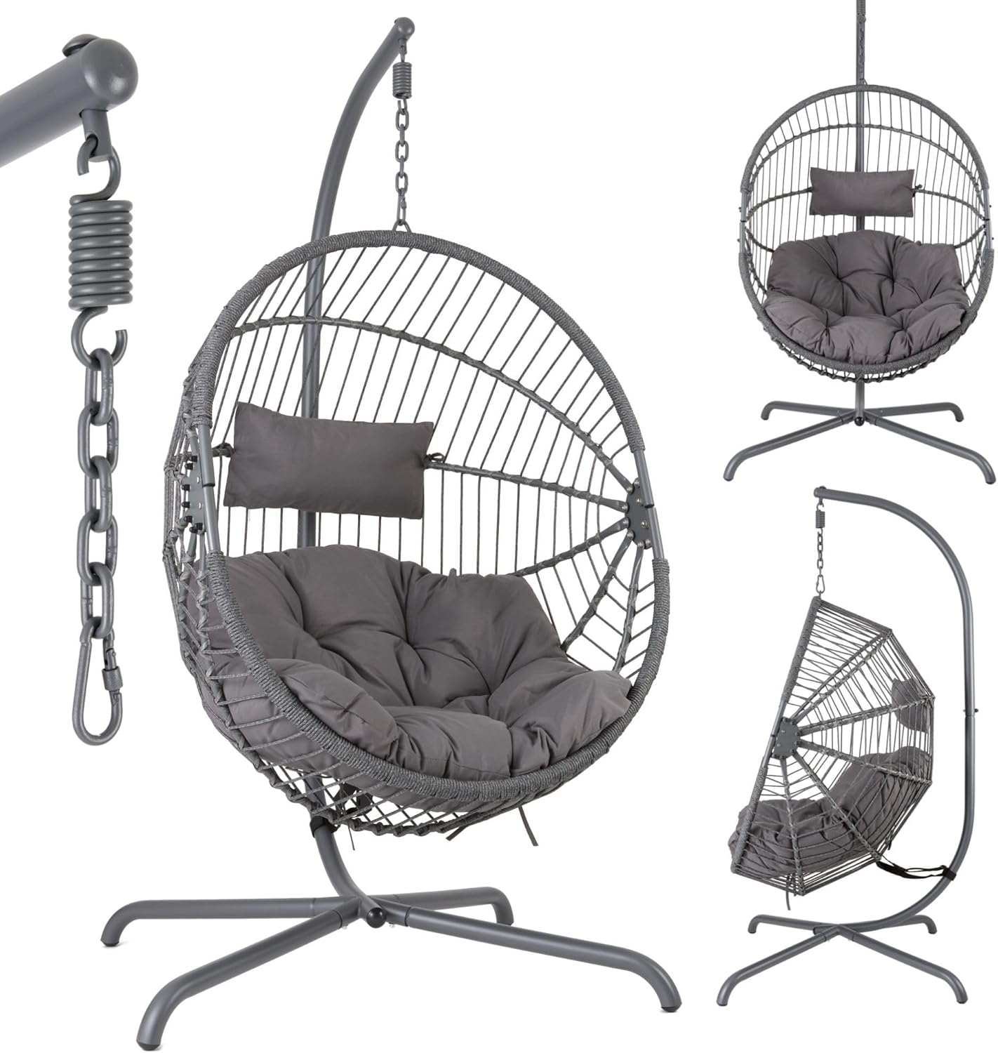 AREBOS Sedia sospesa, EN581-1, Altezza Regolabile 160–180 cm, Poltrona a Uovo da Giardino e Balcone, Telaio in Acciaio fino a 130 kg