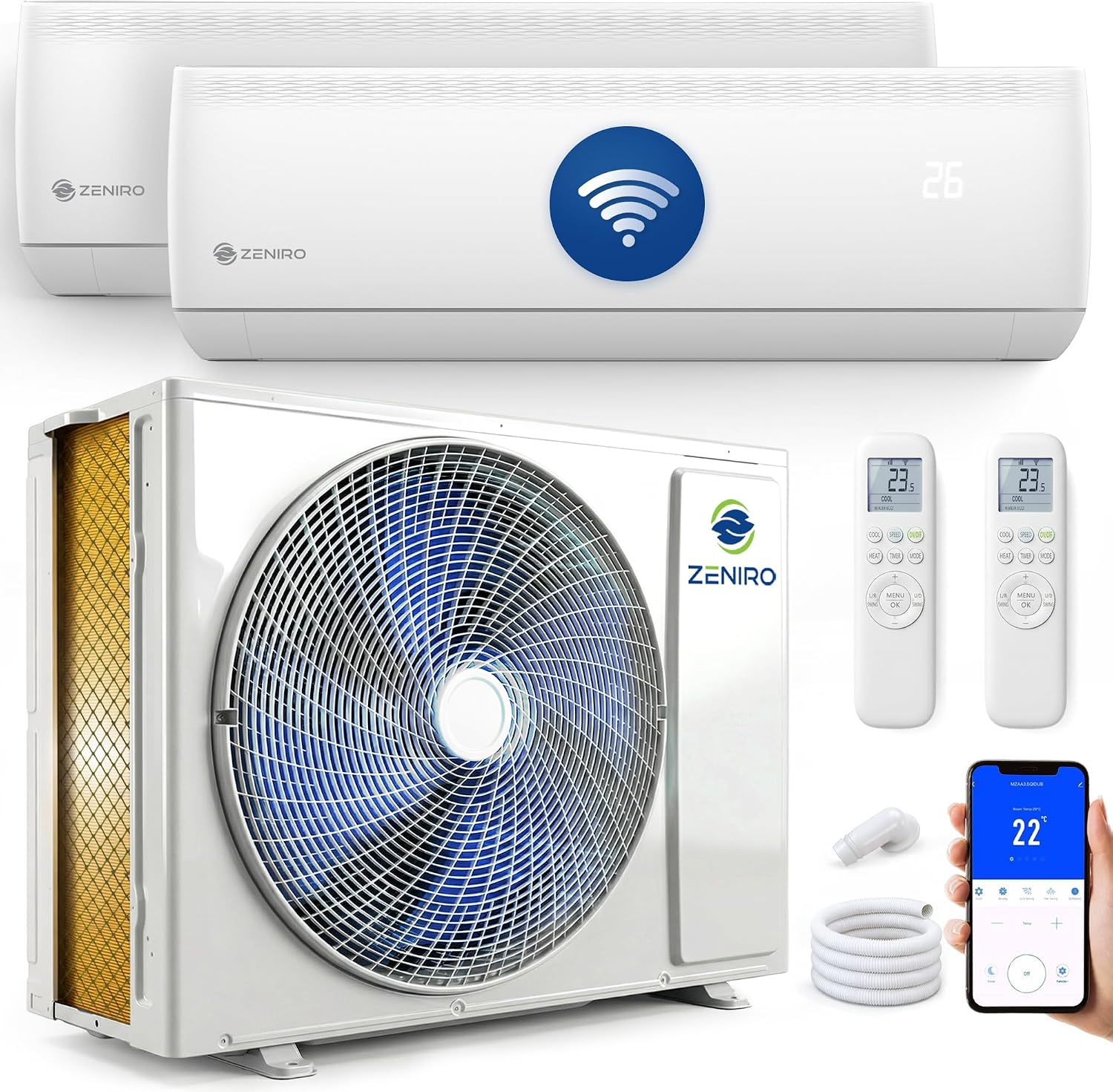 Climatizzatore split, Climatizzatore Dual Split 12000 + 12000 Inverter A++ Pompa di Calore Caldo Freddo, 4D AirFlow, WiFi, App, Zeniro R32
