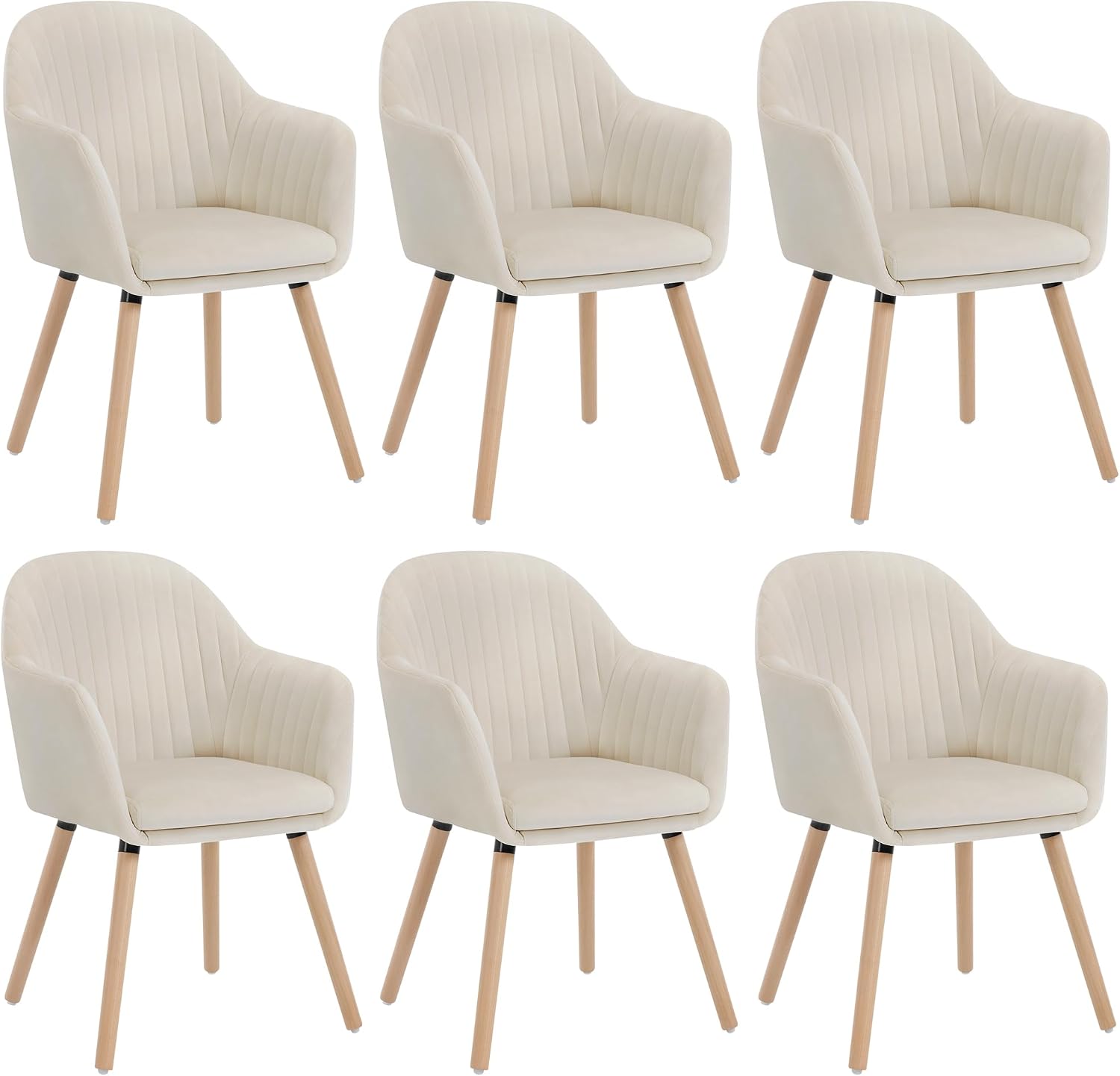 WOLTU Sedie, Set di 6 per Sala da Pranzo con Schienale Braccioli Poltrona Imbottita Gambe in Legno Seduta in Tessuto Velluto Crema