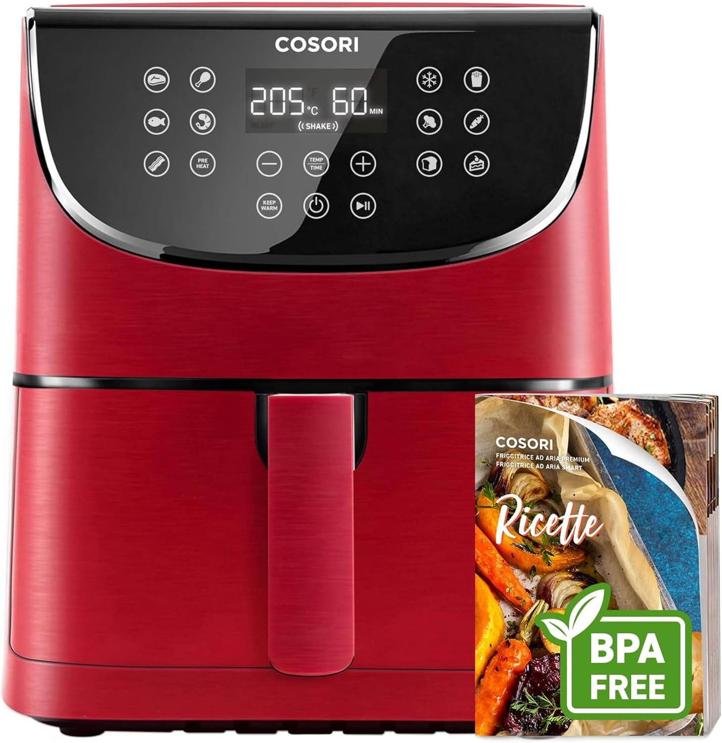 Friggitrice ad aria, 5,7 Litri, 13 Funzioni, 97% Meno Olio, 67.5% di Risparmio Energetico, 75-205°C, 40 Ricette Italiane, Rossa 1700 W, Cosori 58M