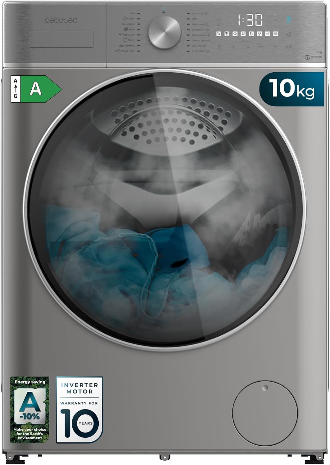 Lavatrice, 10 kg di carico frontale Bolero DressCode 10800 Inverter Steel A. 1400 giri, 16 programmi, min, classe A, motore inverter plus, Cecotec